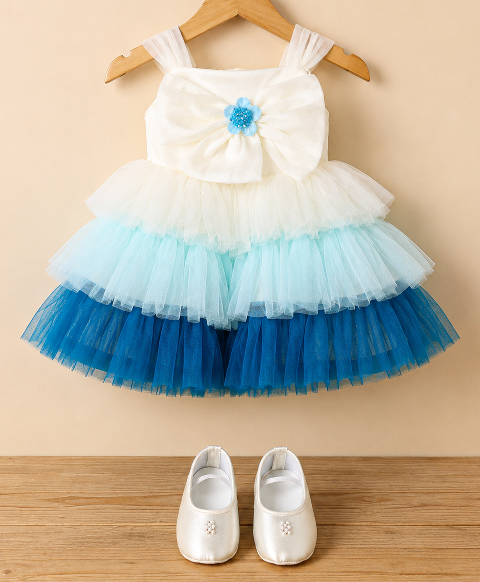 Bluebell Net Woven Sleeveless Party Dress With Floral Applique & Booties - White & Teal Blue-image-49