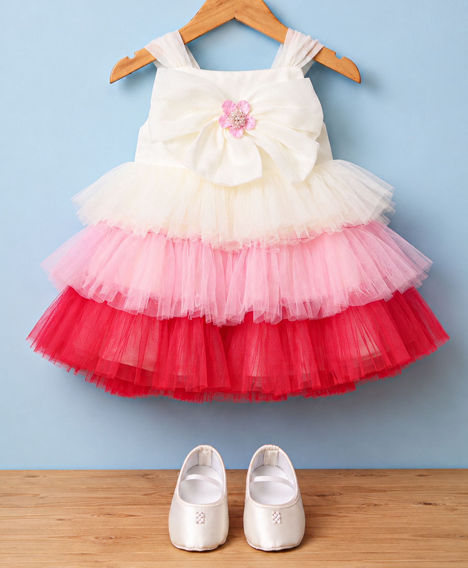 Bluebell Net Woven Sleeveless Party Dress With Floral Applique & Booties - Dark Pink-image-9