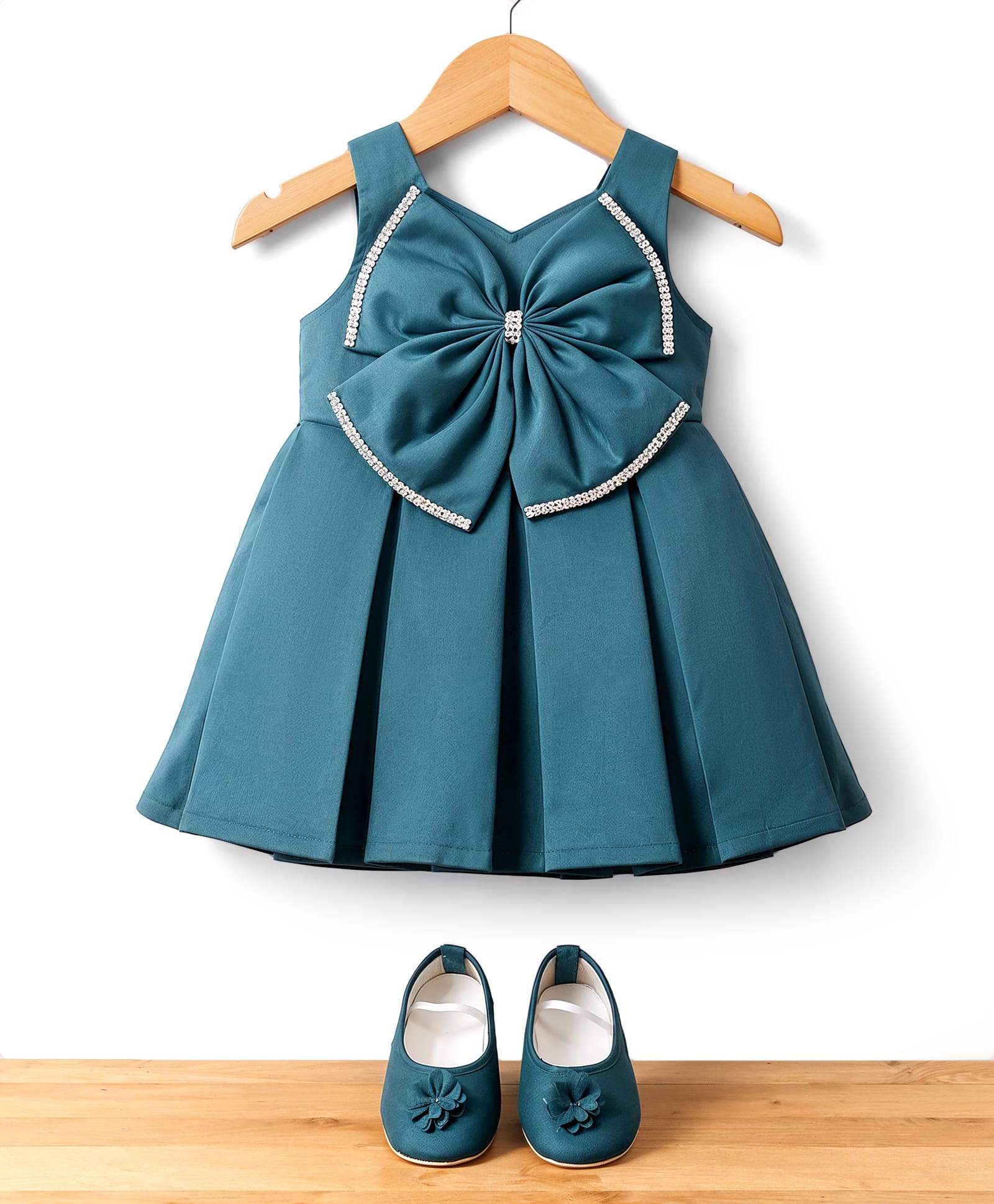 Bluebell Satin Woven Sleeveless Pleated Party Dress With Bow Applique & Booties - Teal Blue-image-27