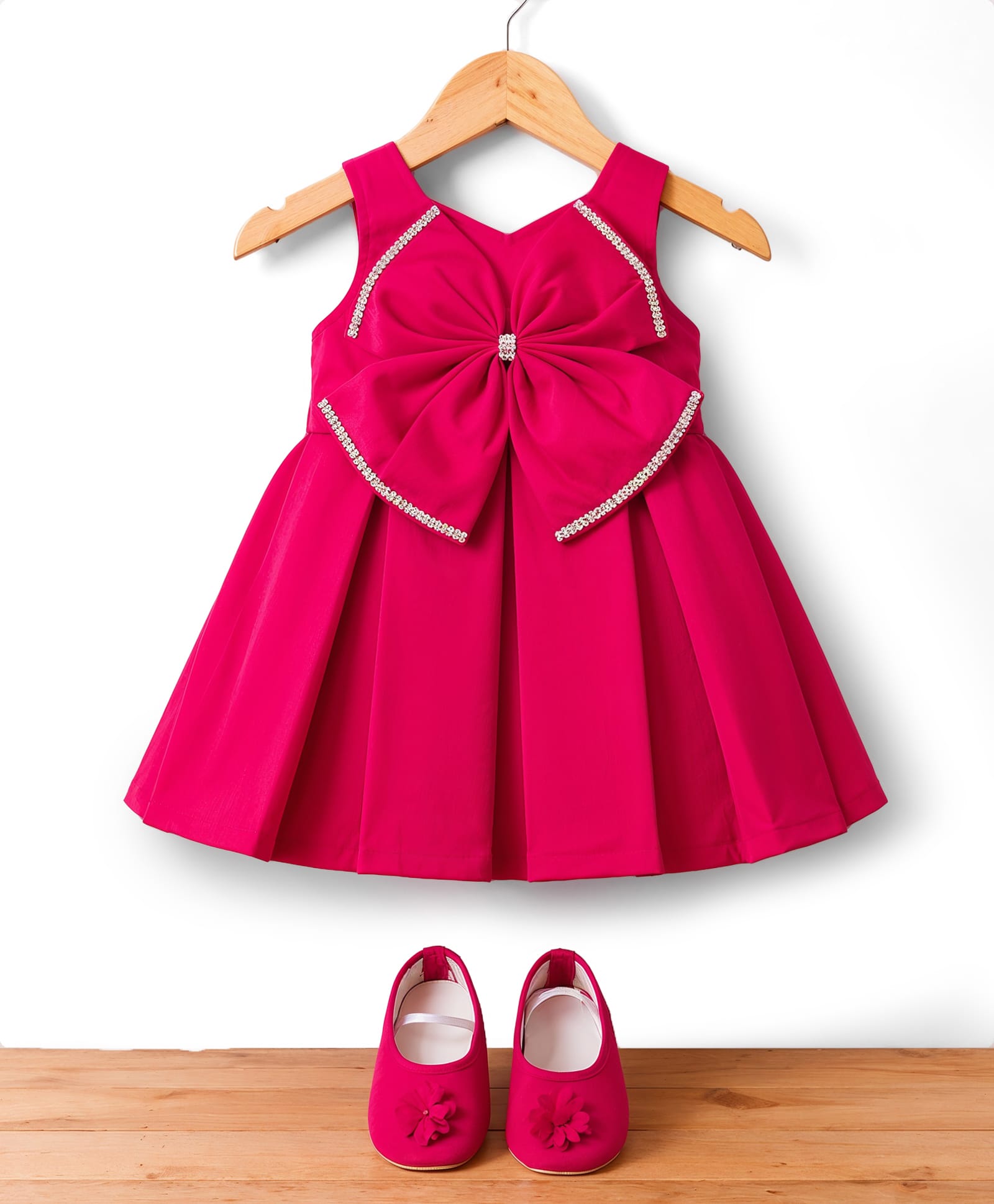 Bluebell Satin Woven Sleeveless Pleated Party Dress With Bow Applique & Booties - Dark Pink-image-15