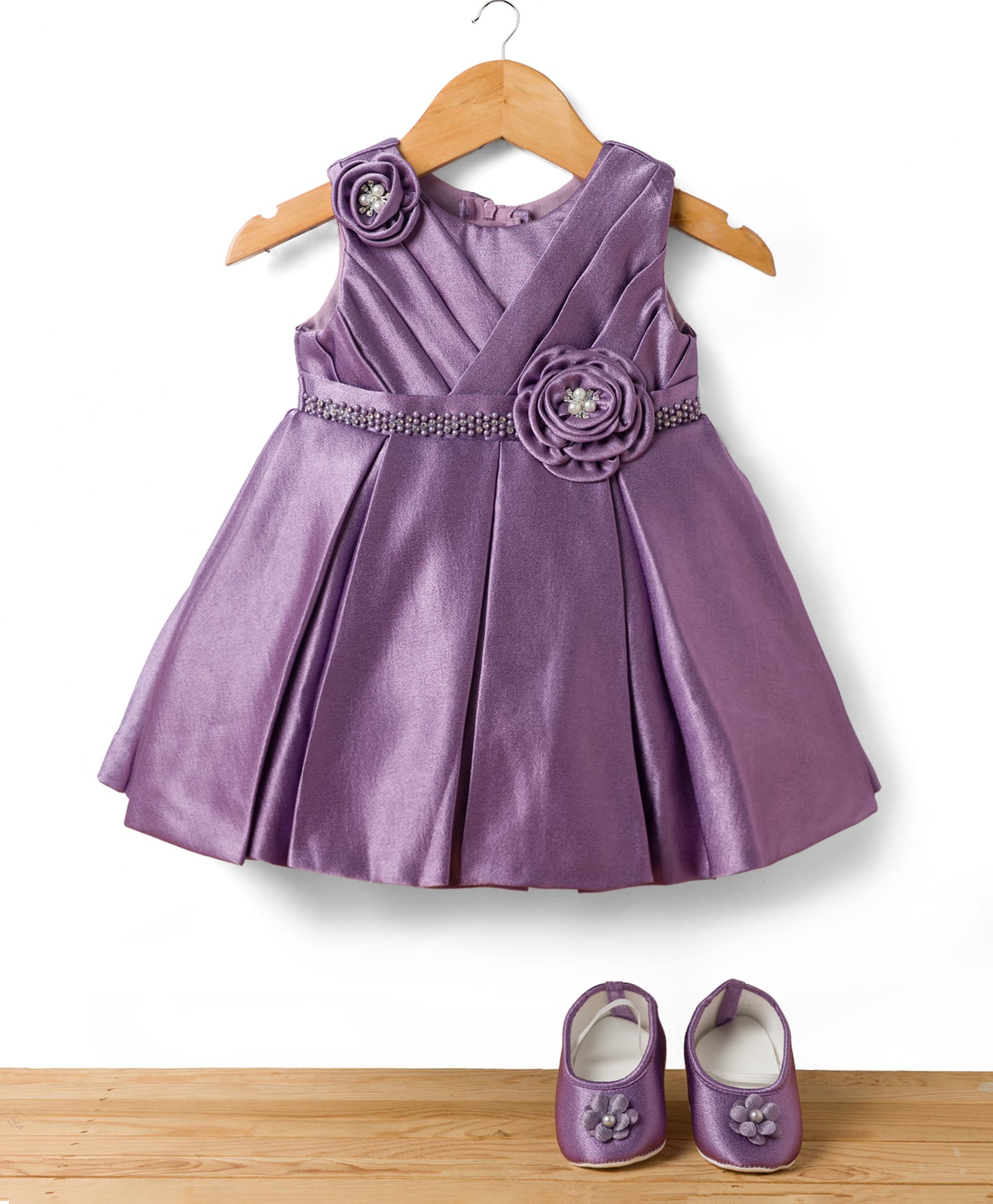 Bluebell Satin Woven Sleeveless Party Dress With Floral Applique & Pearl Embellishment & Booties - Lavender-picture-25