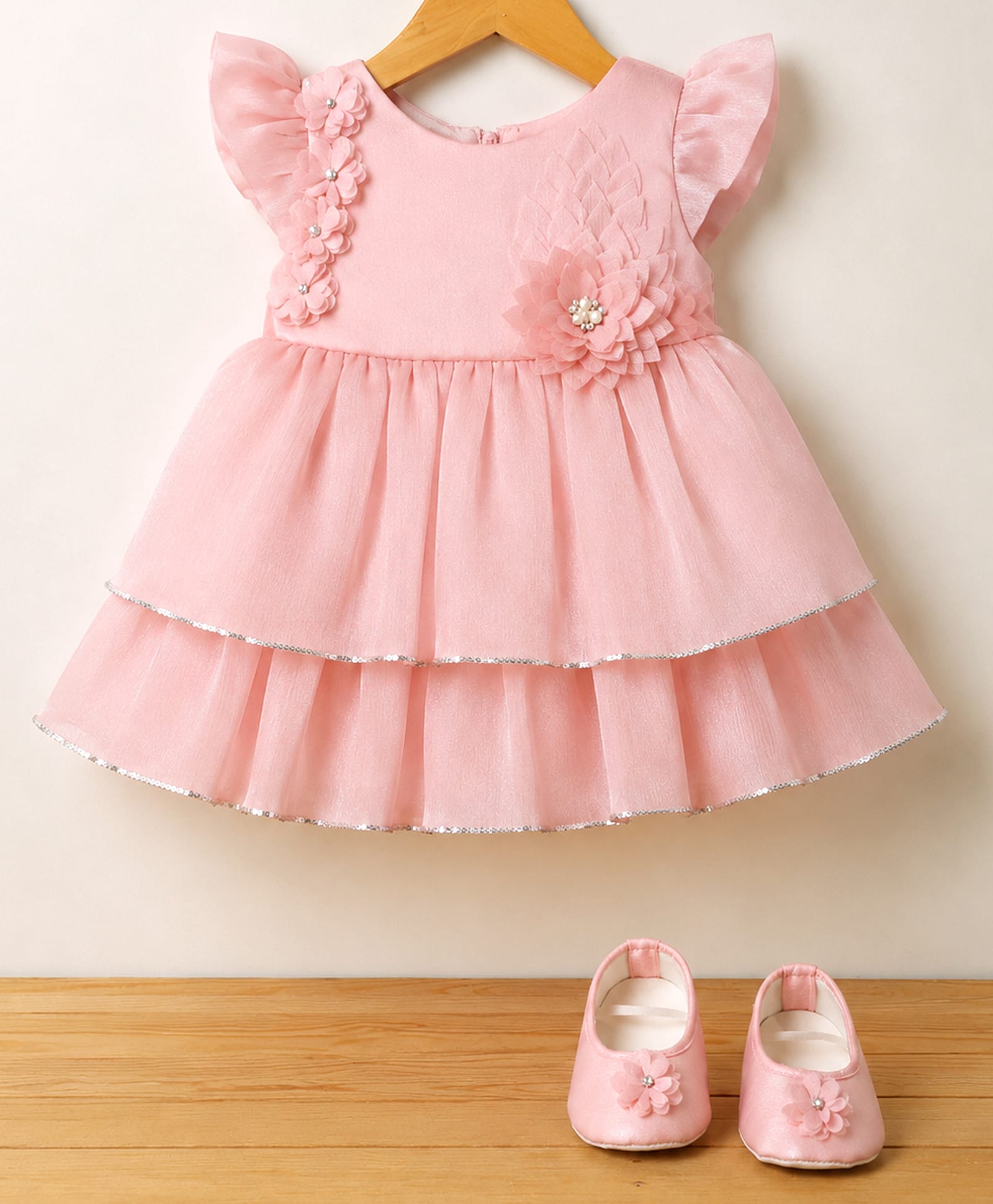Bluebell Satin Woven Sleeveless Floral Applique Party Dress With Booties - Peach-image-19