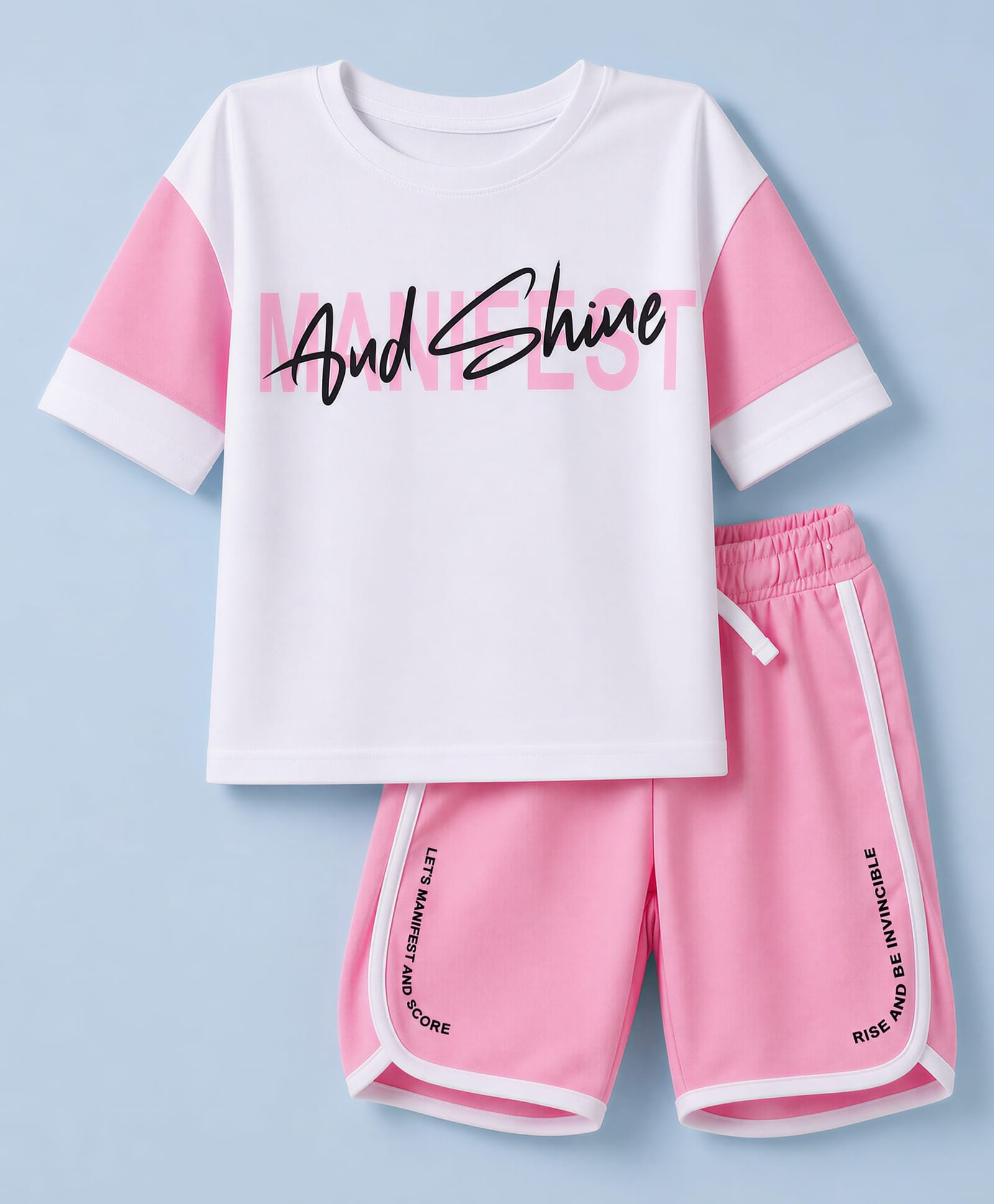 Pine Active Knit Half Sleeves Text Printed T-Shirt & Shorts Set - White & Pink-picture-39