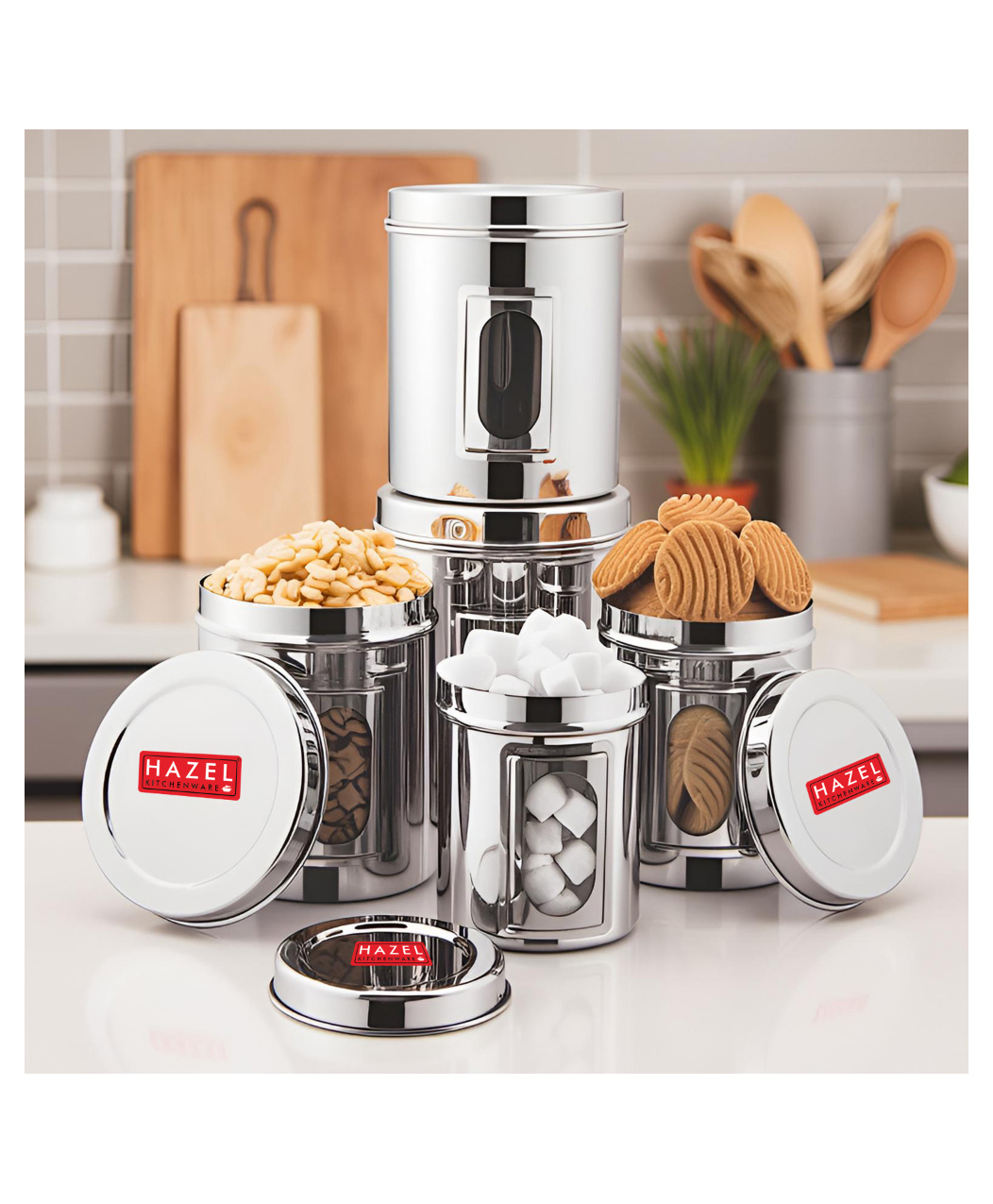 HAZEL Stainless Steel Aar Par Ubha Dabba Set of 5 | See-Through Transparent Window Storage Containers | Vertical Kitchen Jars for Pulses, Grains & Snacks-image-3