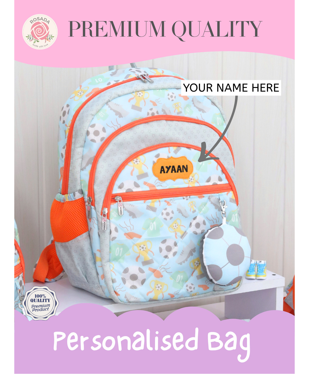 Rosada 14 Inches Football Champ DIY Personalised Kids School Backpack with Alphabet Name Sticker Kit & Plush Keychain (Medium)-image-38