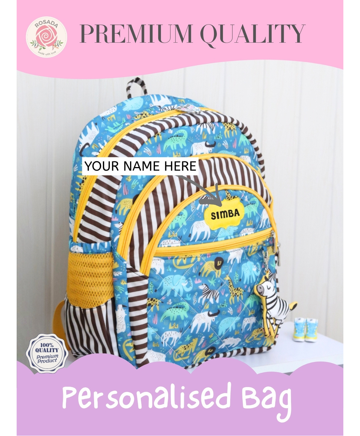 Rosada Wild Tribe DIY Personalised Kids School Bag with Alphabet Name Sticker Kit & Plush Keychain - Water Resistant Bag for Boys & Girls Sky Blue Medium / Standard - 14.5 Inches-picture-11