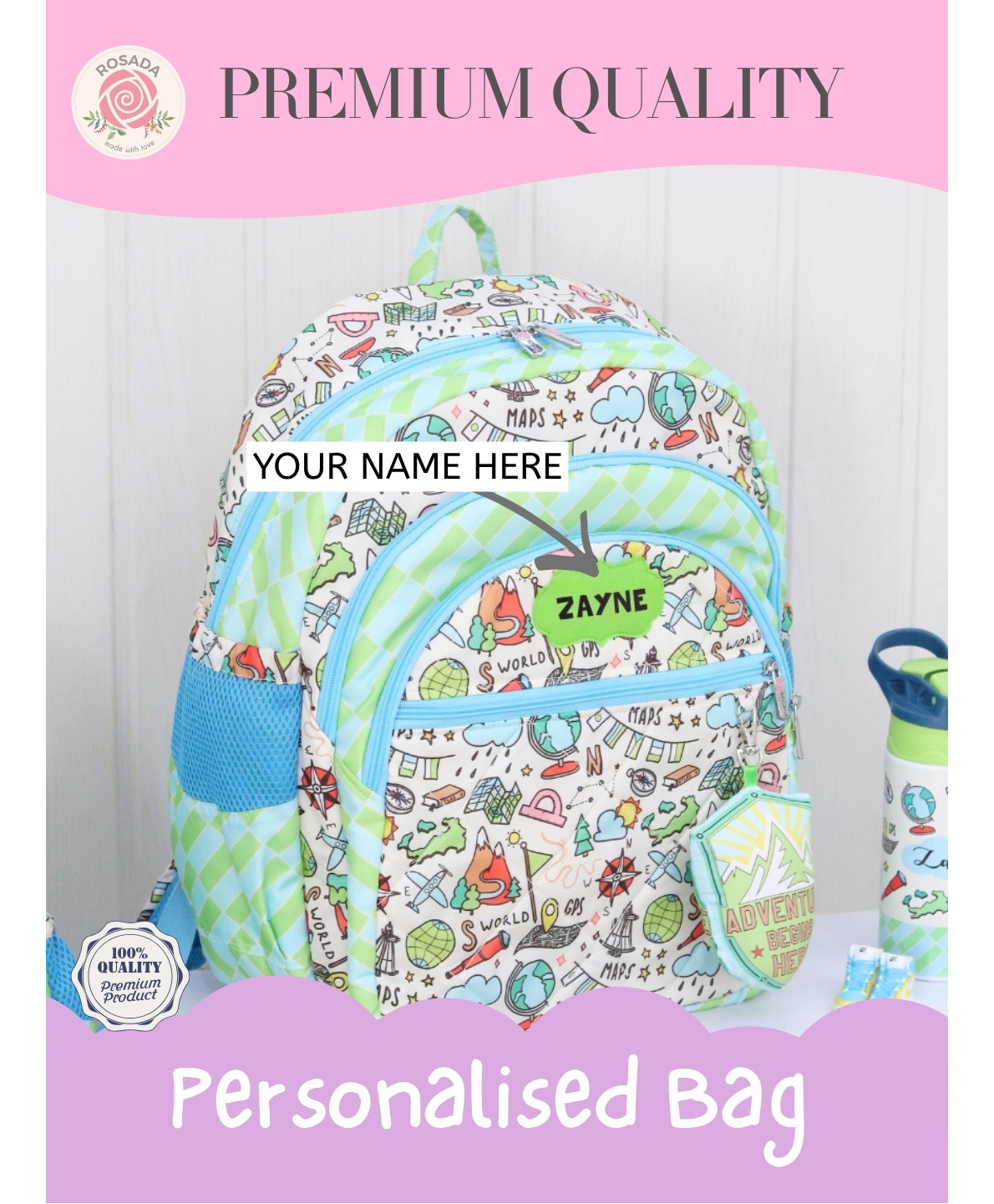 Rosada Explorer DIY Personalised Kids School Bag with Alphabet Name Sticker Kit & Plush Keychain - Water Resistant Bag for Boys & Girls Light Green Medium / Standard - 14.5 Inches-image-42