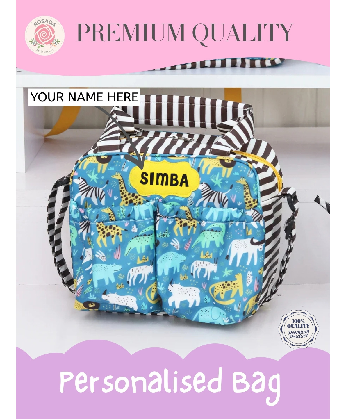 Rosada Wild Tribe Hippo DIY Personalised Insulated Tiffin Bag for Kids, Water Resistant Lunch Bag with Alphabet Name Kit, Sling Strap & Thermal Inner Onesize-image-46