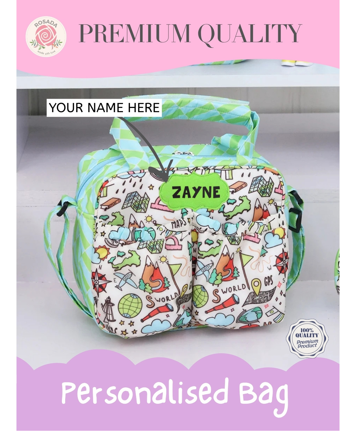 Rosada Explorer DIY Personalised Insulated Tiffin Bag for Kids, Water Resistant Lunch Bag with Alphabet Name Kit, Sling Strap & Thermal Inner Onesize-image-42