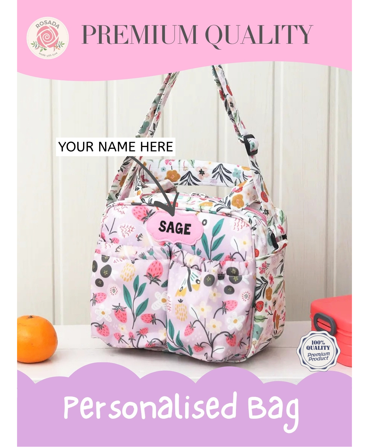 Rosada Lilac Garden DIY Personalised Insulated Tiffin Bag for Kids, Water Resistant Lunch Bag with Alphabet Name Kit, Sling Strap & Thermal Inner Onesize-picture-18