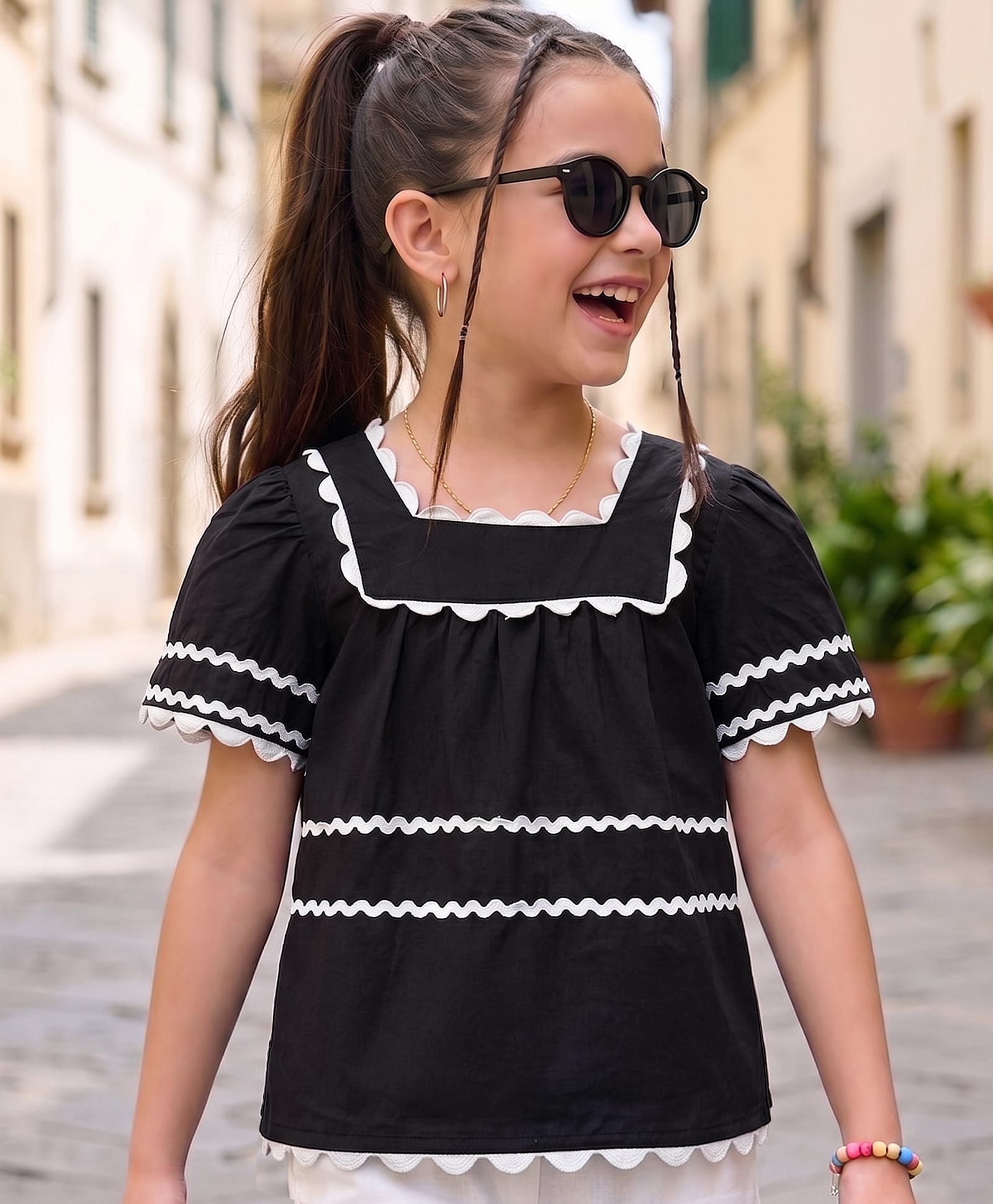 Arias Cotton Woven Half Sleeve Top with Lace Detailing Black 6-7 Years-image-1