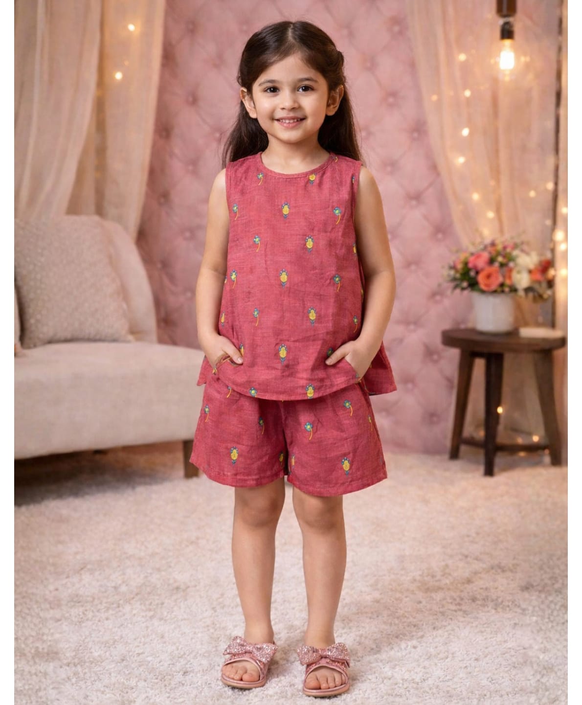 Superminis Cotton Woven Sleeveless Thread Work Embroidered Coordinating Top & Shorts Set - Pink-picture-30