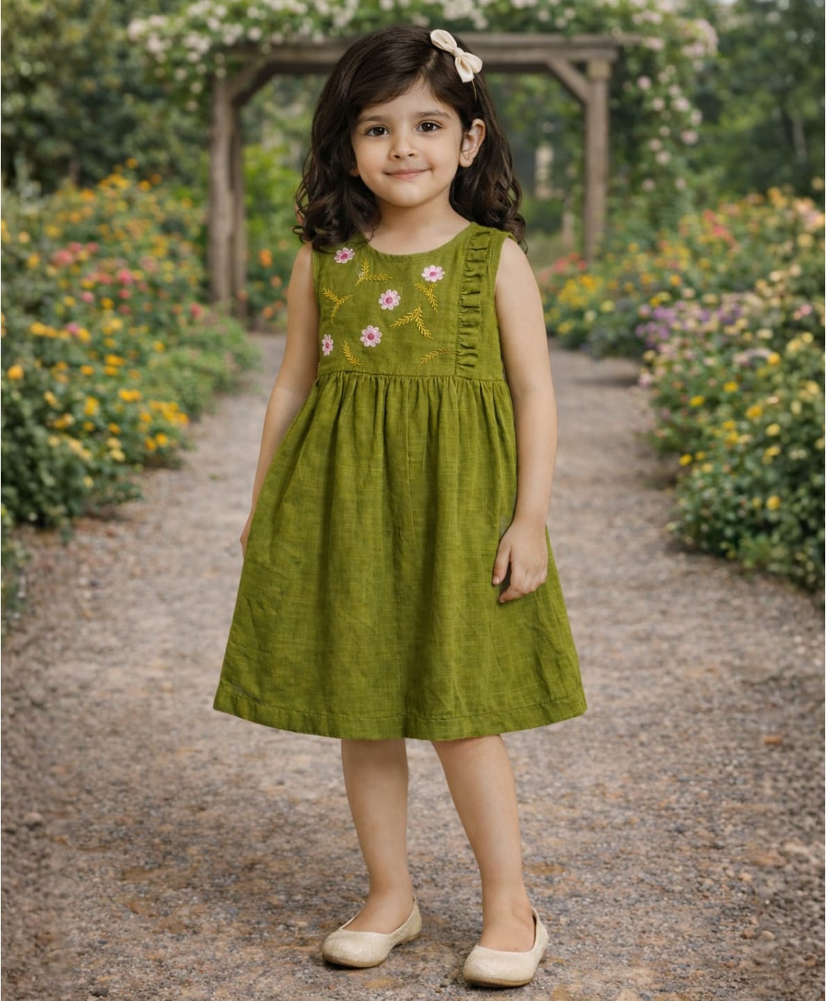 Superminis Cotton Woven Sleeveless Floral Embroidered Dress - Olive Green-image-16