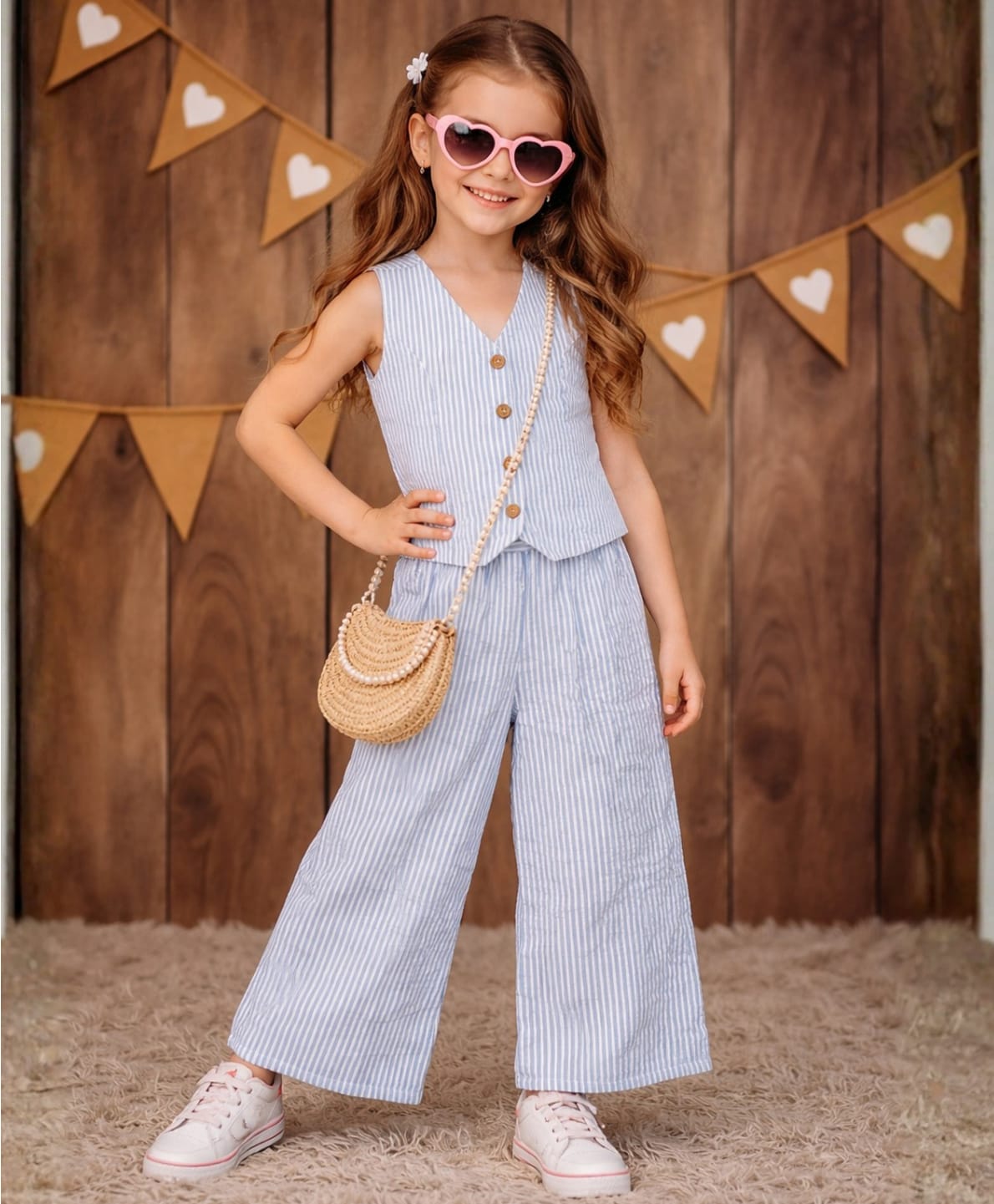 Superminis Cotton Woven Sleeveless Striped Coordinating Top & Pant Set - Blue-picture-11