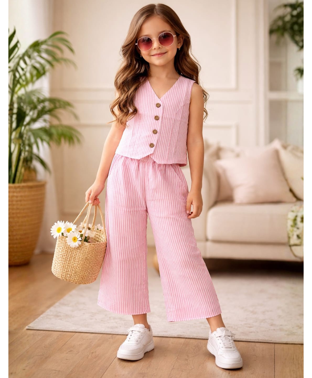 Superminis Cotton Woven Sleeveless Striped Coordinating Top & Pant Set - Pink-picture-18