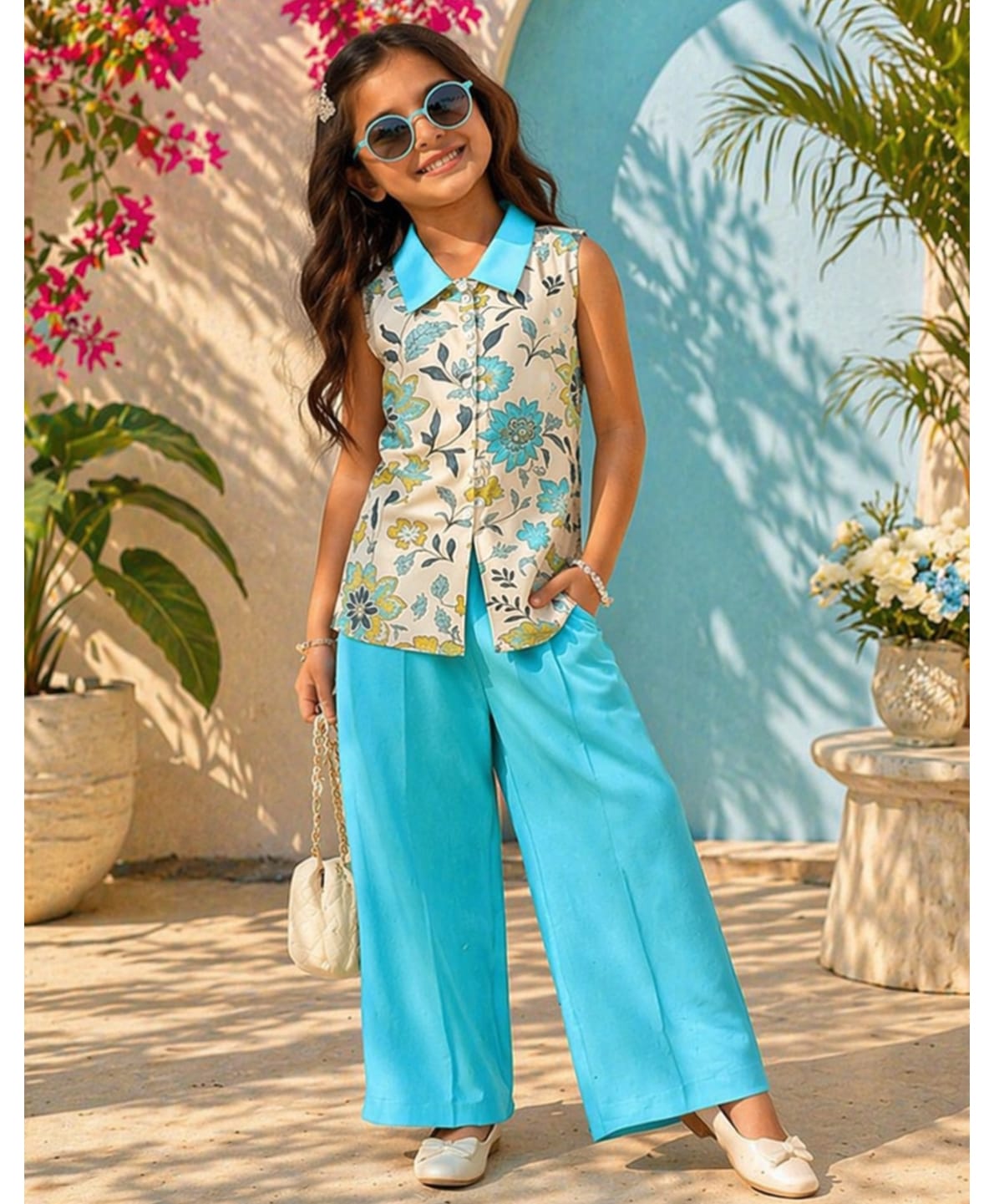 Superminis Rayon Woven Sleeveless Floral Printed Top & Palazzo Set - Sky Blue-image-16