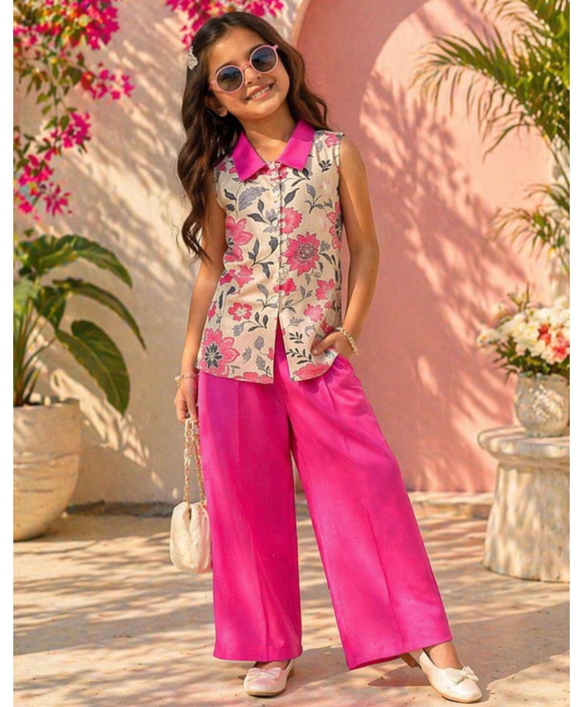 Superminis Rayon Woven Sleeveless Floral Printed Top & Palazzo Set - Pink-picture-22
