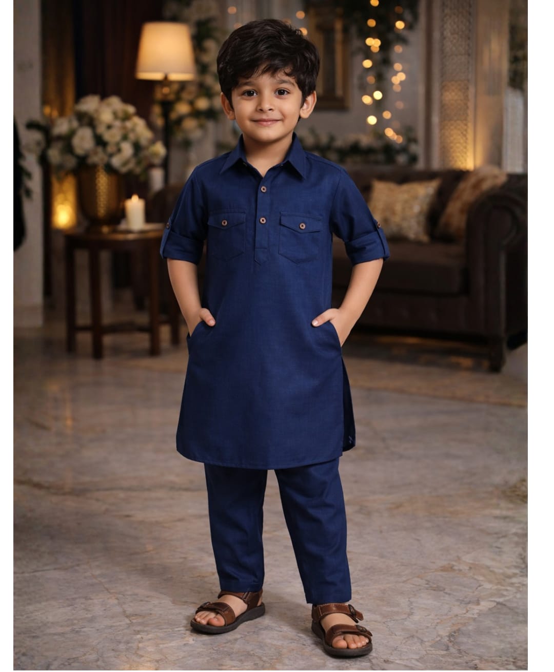 Superminis Cotton Woven Full Sleeves Solid Pathani Kurta & Pyjama Set - Navy Blue-picture-19