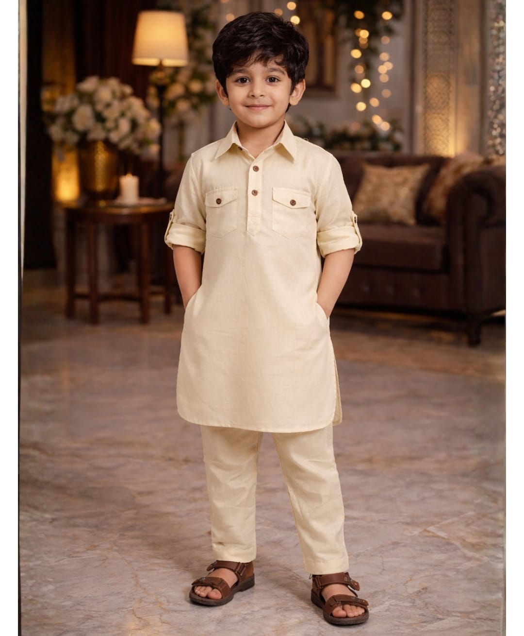 Superminis Cotton Woven Full Sleeves Solid Pathani Kurta & Pyjama Set - Cream-picture-23