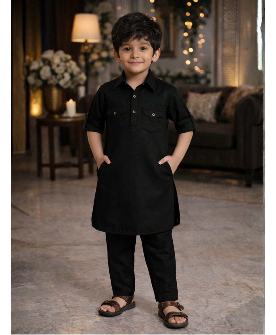 Superminis Cotton Woven Full Sleeves Solid Pathani Kurta & Pyjama Set - Black-picture-22