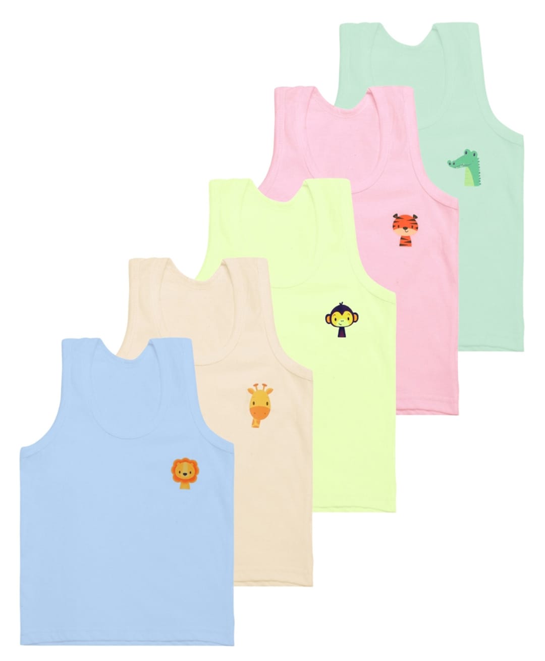 Superminis Cotton Woven Pack Of 5 Sleeveless Animals Printed Vests - Blue Pink Yellow Green & Peach-picture-31