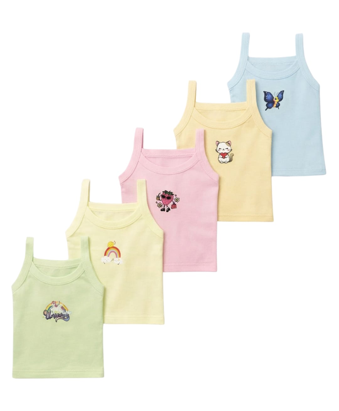 Superminis Cotton Woven Pack Of 5 Sleeveless Unicorn Rainbow & Butterfly Printed Camisoles - Yellow Green Pink Sky Blue & Mustard-picture-40
