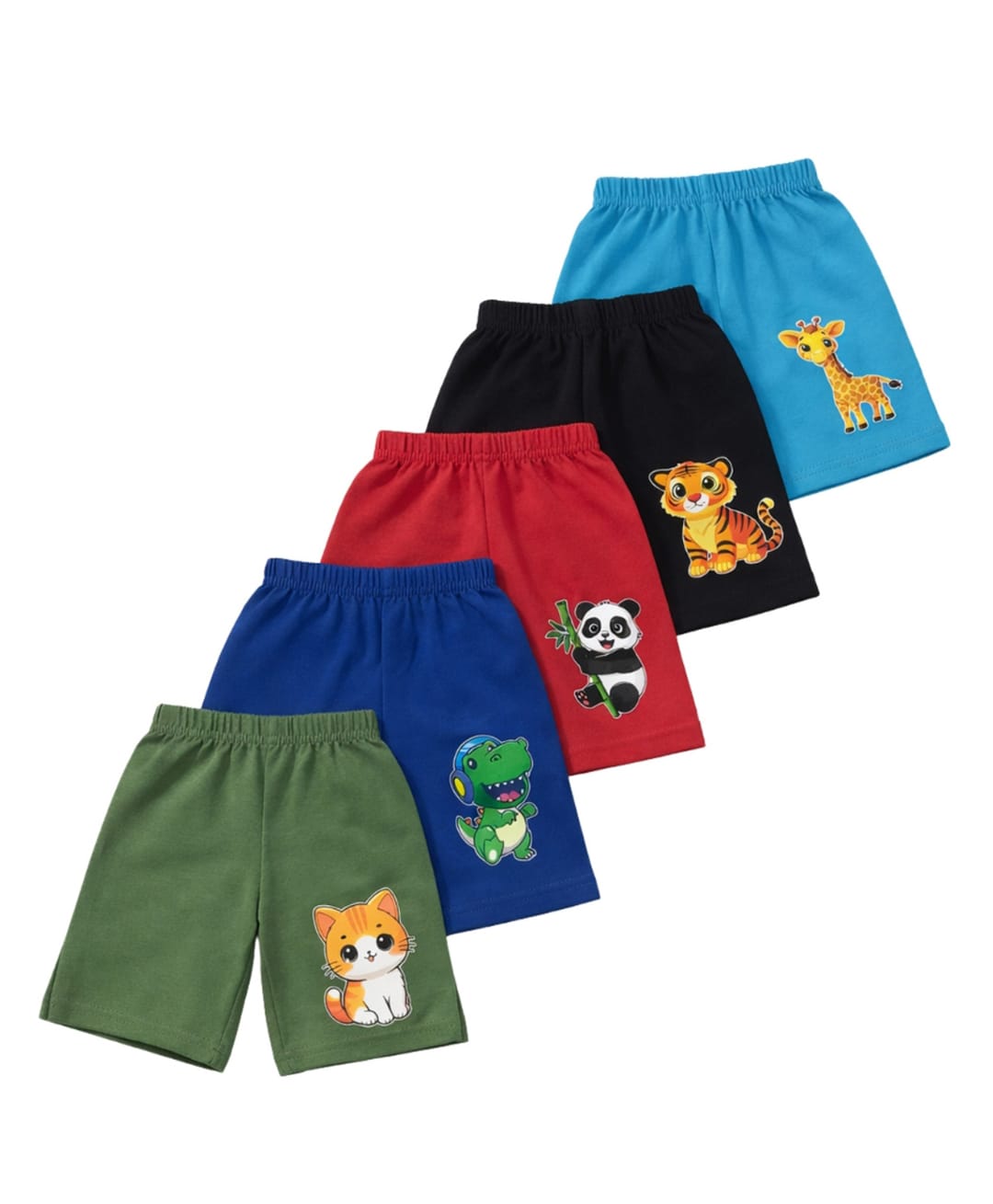 Superminis Cotton Woven Pack Of 5 Animals Printed Shorts - Green Blue Sky Blue Black & Red-picture-18