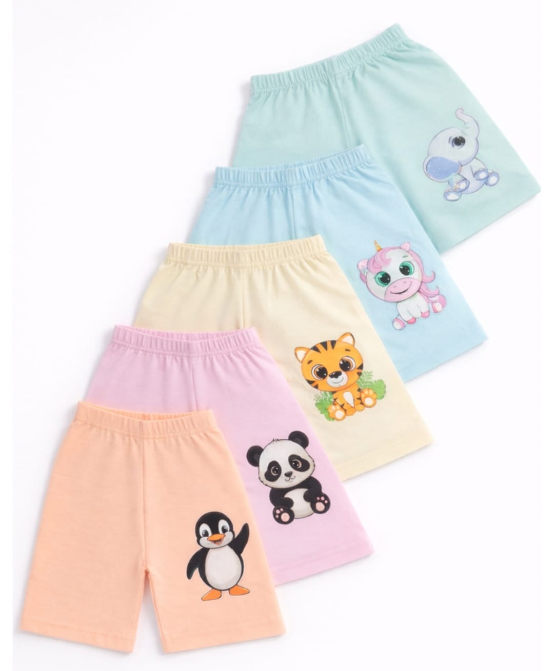 Superminis Cotton Woven Pack Of 5 Animals Printed Shorts - Sky Blue Pink Peach Blue & Cream-picture-13