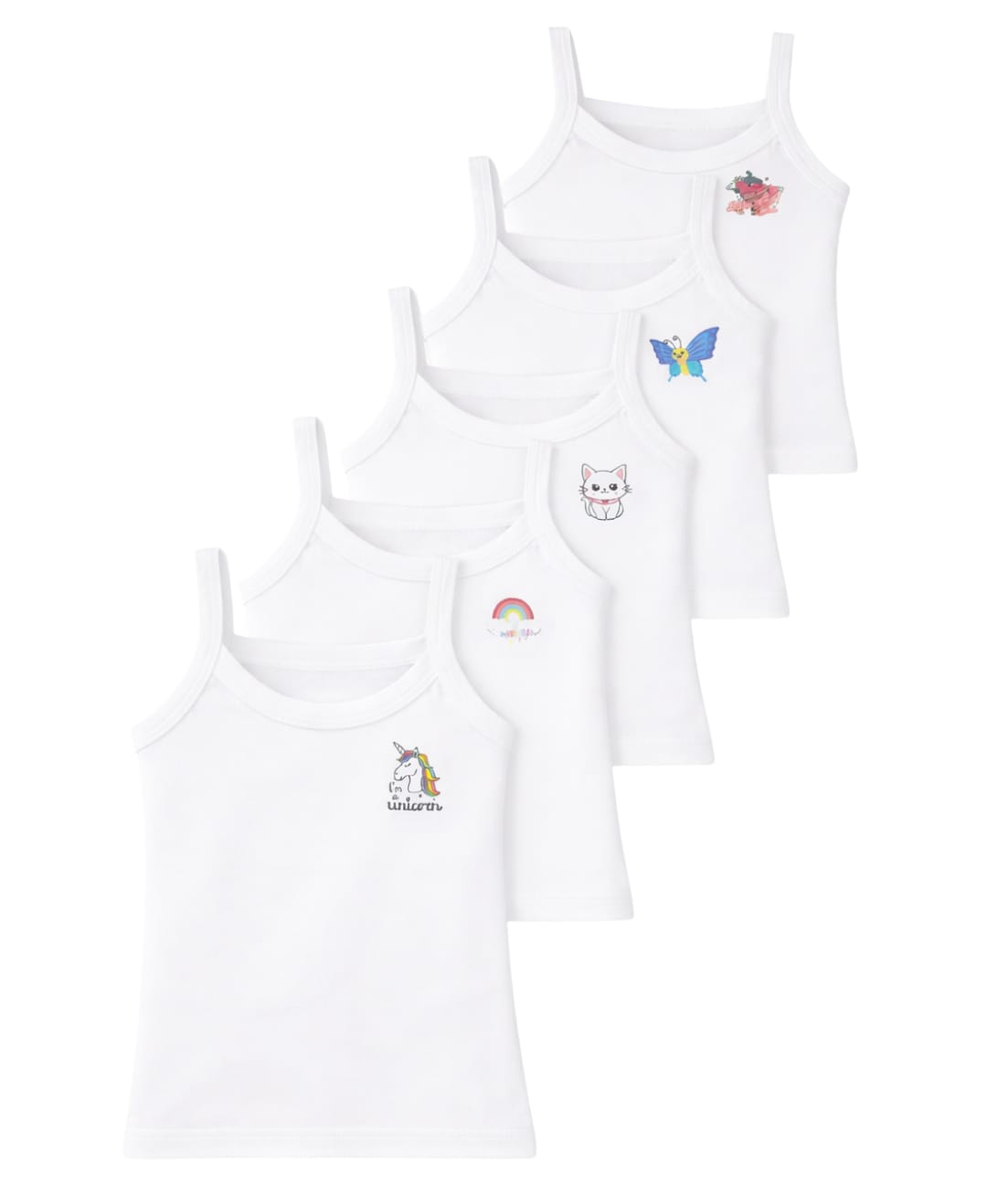 Superminis Cotton Woven Pack Of 5 Sleeveless Unicorn Rainbow & Butterfly Printed Camisoles - White-image-21
