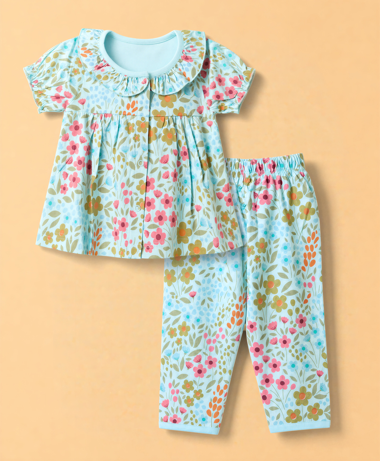 ToffyHouse Single Jersey Knit Half Sleeves Co-Ords Top & Pyjama Night Suit with Floral Print - Light Blue-picture-26