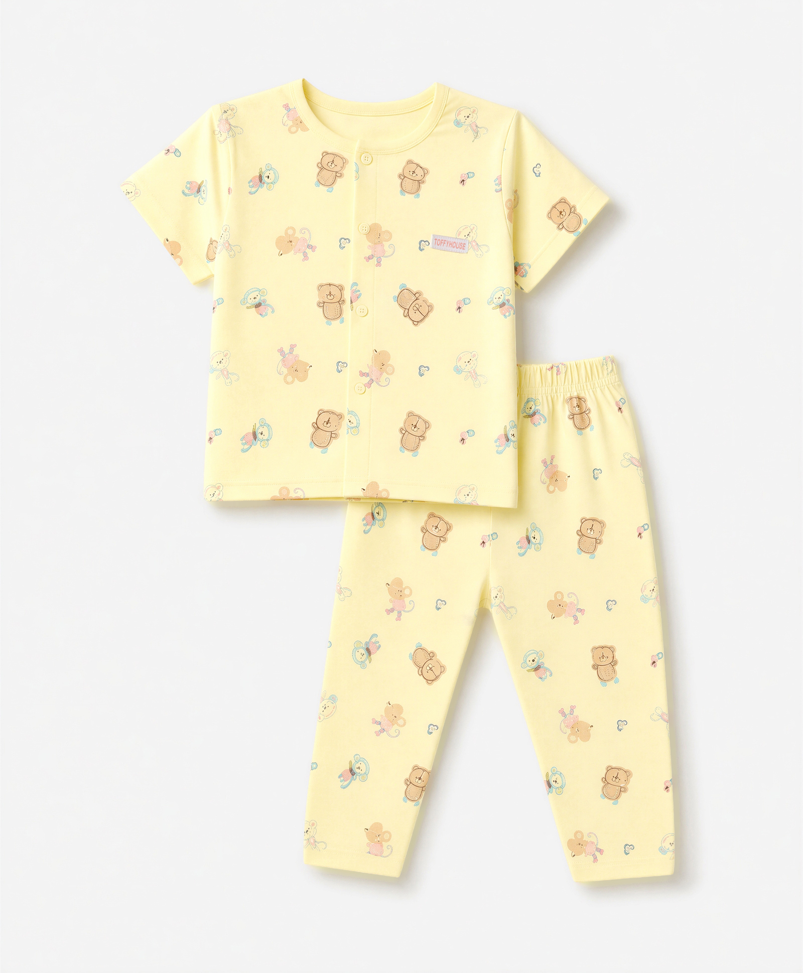 ToffyHouse Single Jersey Knit Half Sleeves Co-Ords T-Shirt & Pyjama Night Suit with Animal Print - Lemon Yellow-image-14