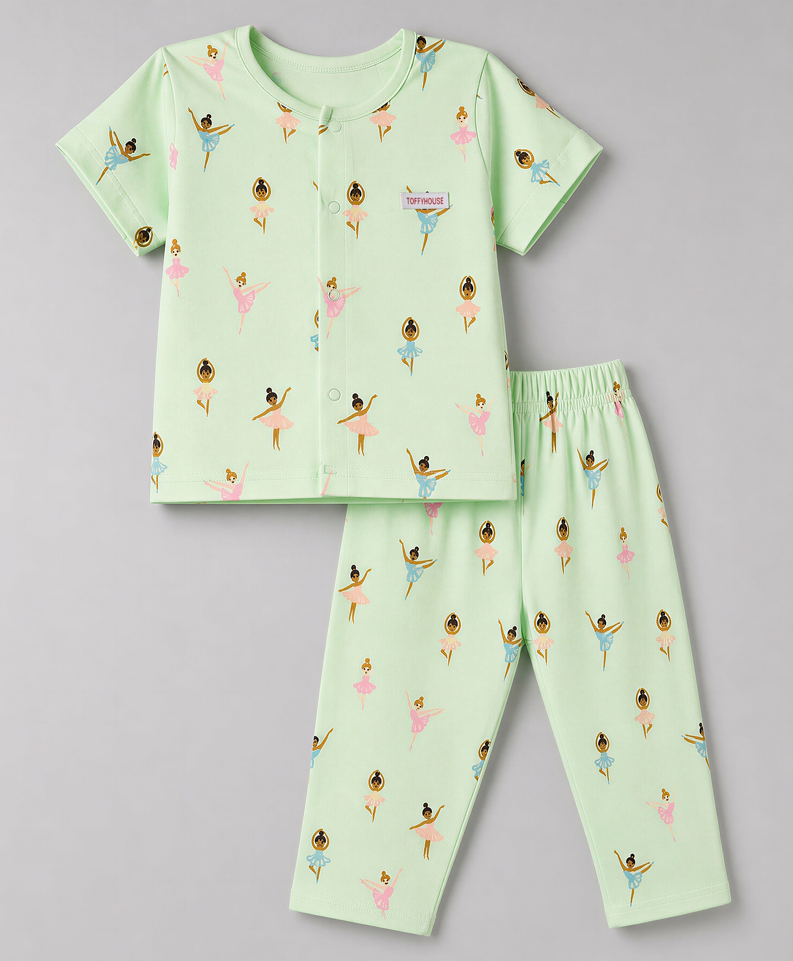 ToffyHouse Single Jersey Knit Half Sleeves Co-Ords T-Shirt & Pyjama Night Suit with Ballerina Print - Light Green-picture-10