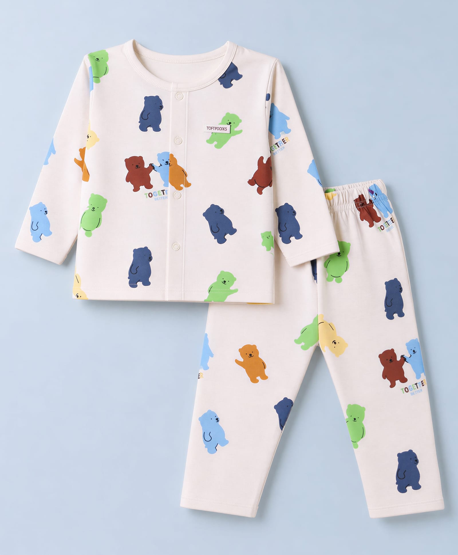 ToffyHouse Single Jersey Knit Full Sleeves Co-Ords T-Shirt & Pyjama Night Suit with Bear Print - Beige-picture-45