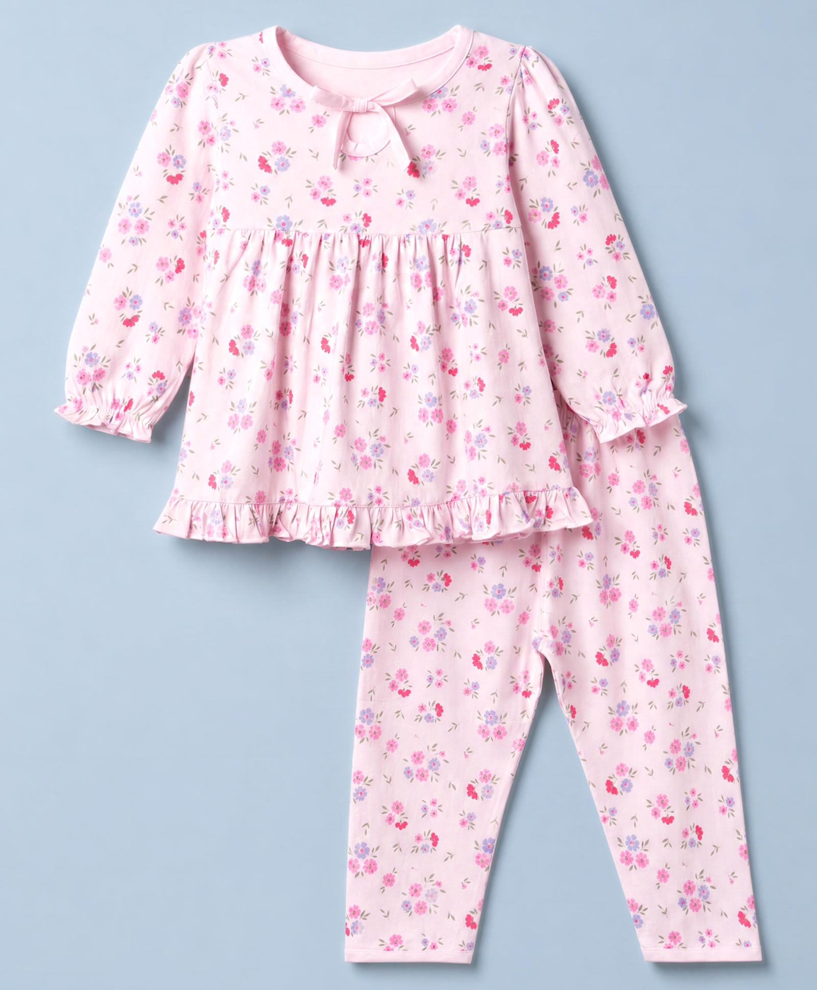 ToffyHouse Single Jersey Knit Full Sleeves Co-Ords Top & Pyjama Night Suit with Floral Print - Pink-image-44