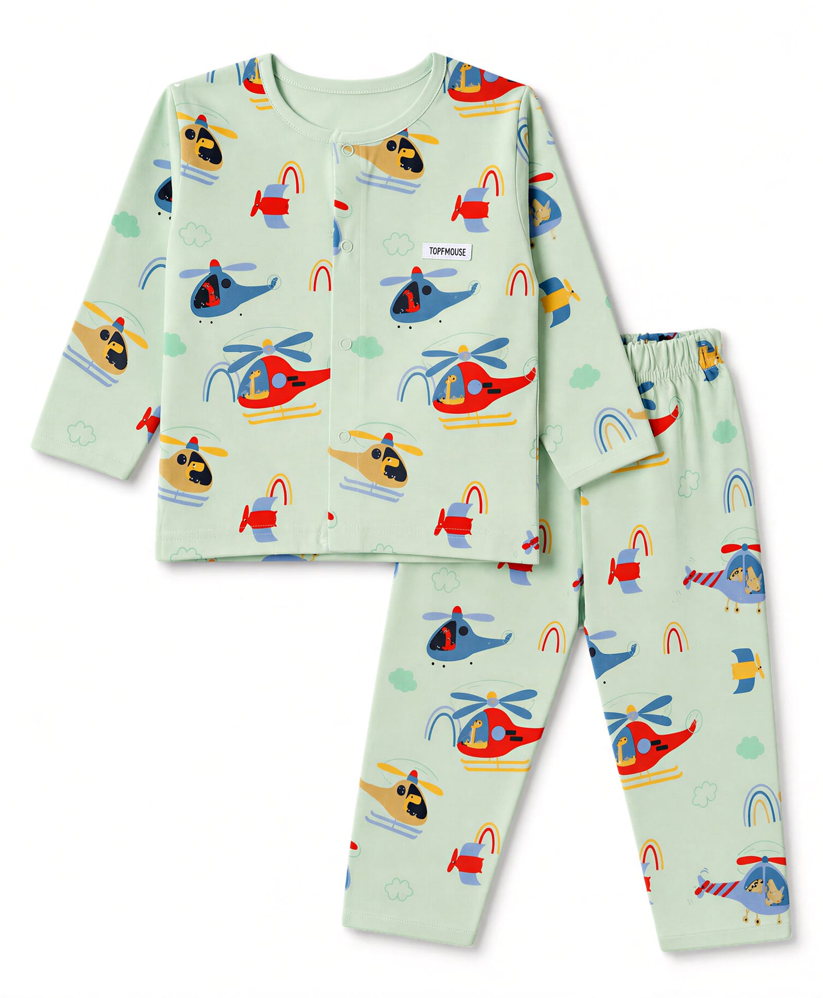 ToffyHouse Single Jersey Knit Full Sleeves T-Shirt & Pyjama Night Suit with Helicopter Print - Sea Green-image-41