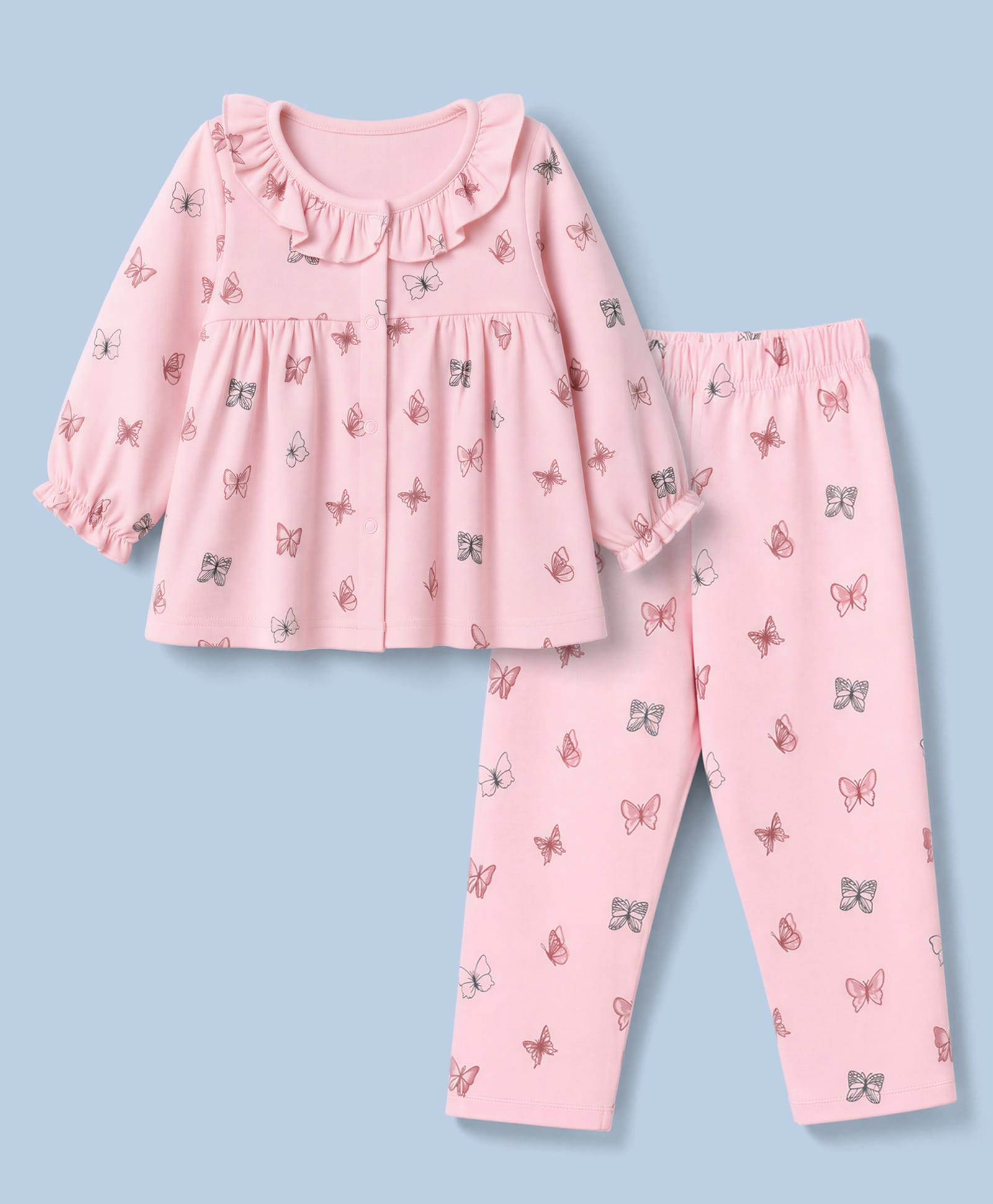 ToffyHouse Single Jersey Knit Full Sleeves Co-Ords Top & Pyjama Night Suit with Butterfly Print - Baby Pink-picture-46