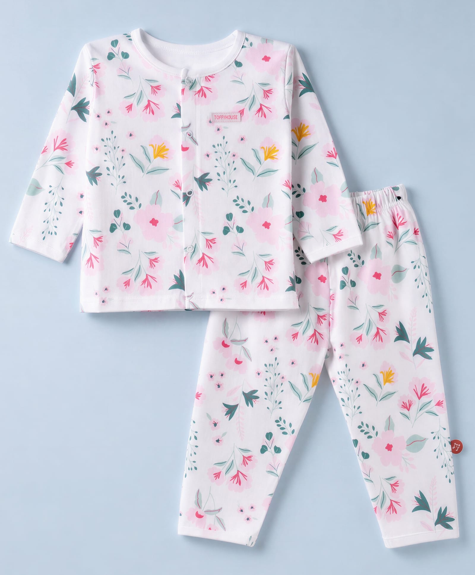 ToffyHouse Single Jersey Knit Full Sleeves Floral Printed Co-Ords T-Shirt & Pyjama Night Suit - White-picture-2