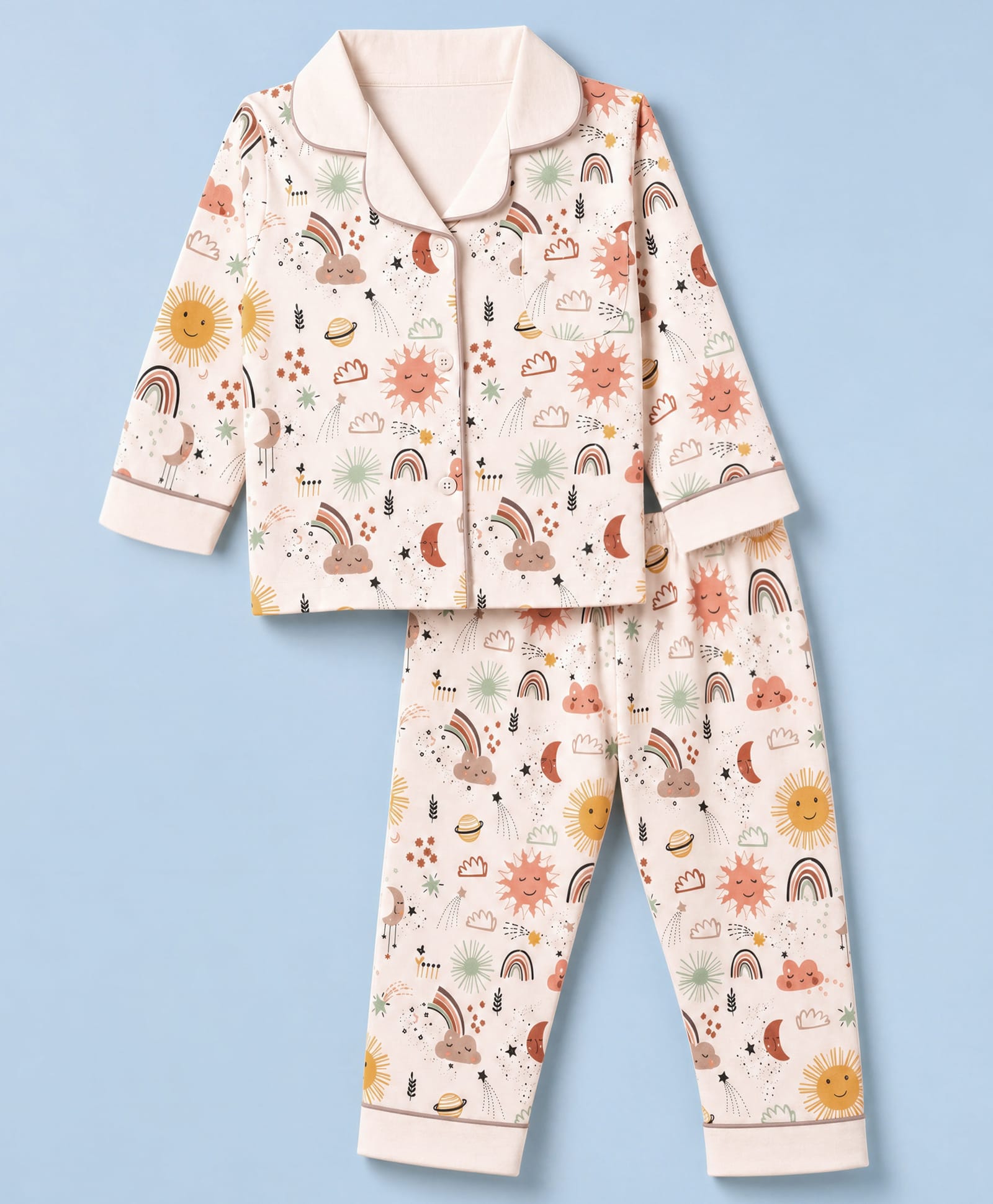ToffyHouse Cotton Woven Full Sleeves Co-Ords Shirt & Pyjama Night Suit with Space Print - Beige-picture-10