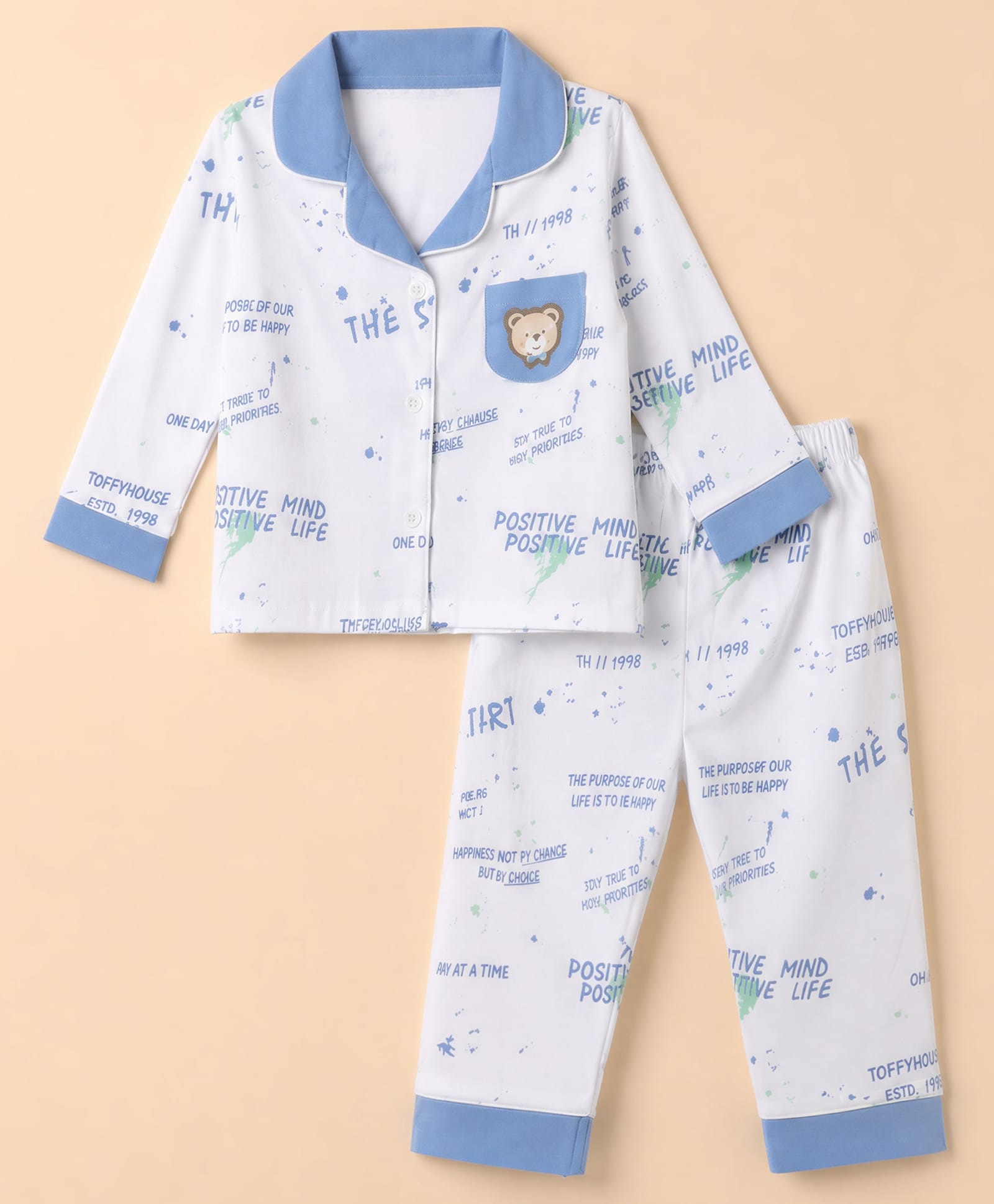 ToffyHouse Cotton Woven Full Sleeves Co-Ords Shirt & Pyjama Night Suit with Bear & Text Print - White-picture-49