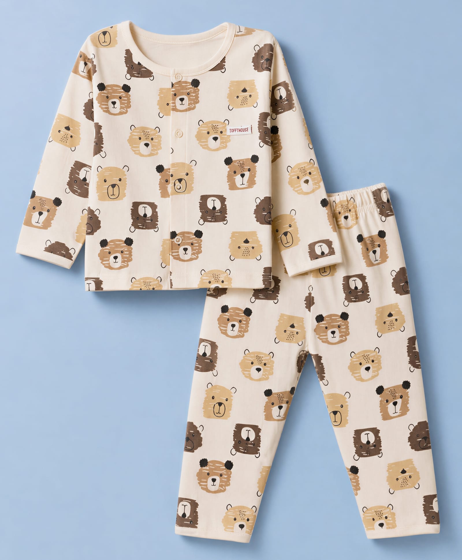 ToffyHouse Single Jersey Knit Full Sleeves Co-Ords T-Shirt & Pyjama Night Suit with Bear Print - Beige-image-44