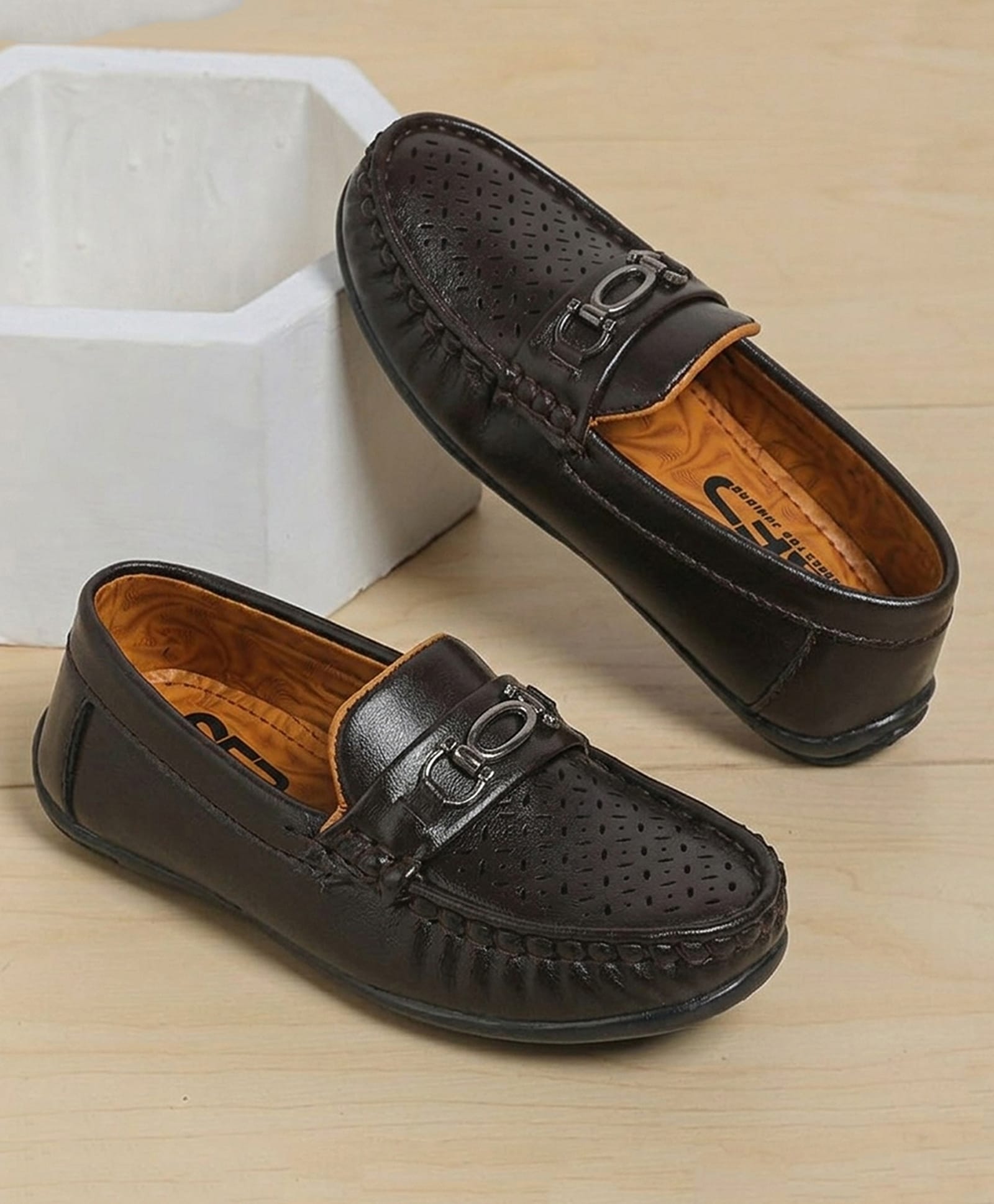 SHOES FOR JUNIORS Metal Applique Detailed Slip On Loafers - Brown-image-42