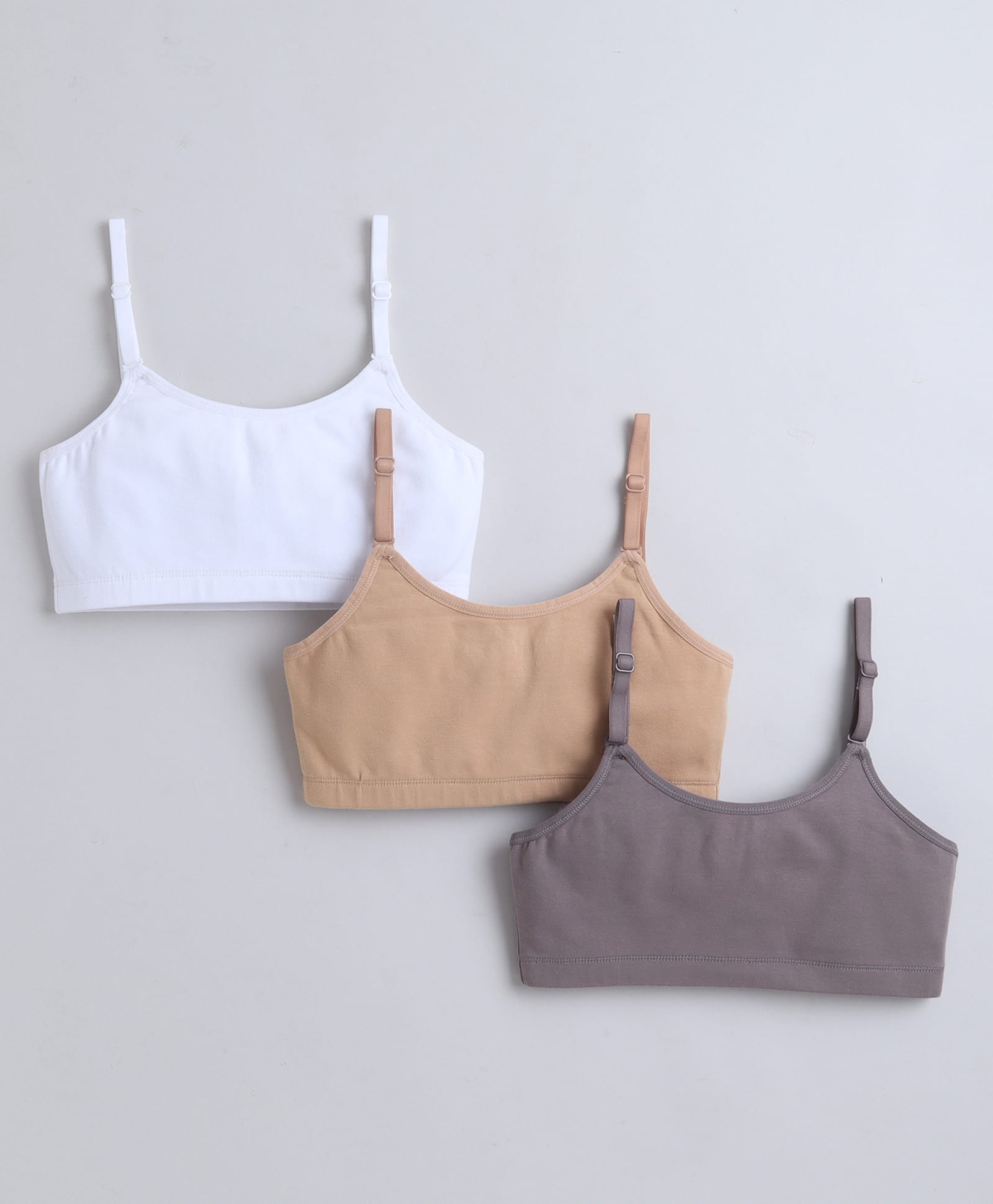 BUMZEE Cotton Knit Sleeveless Solid Color Non Padded Bralettes For Beginner Pack of 3- White Grey Beige-picture-15