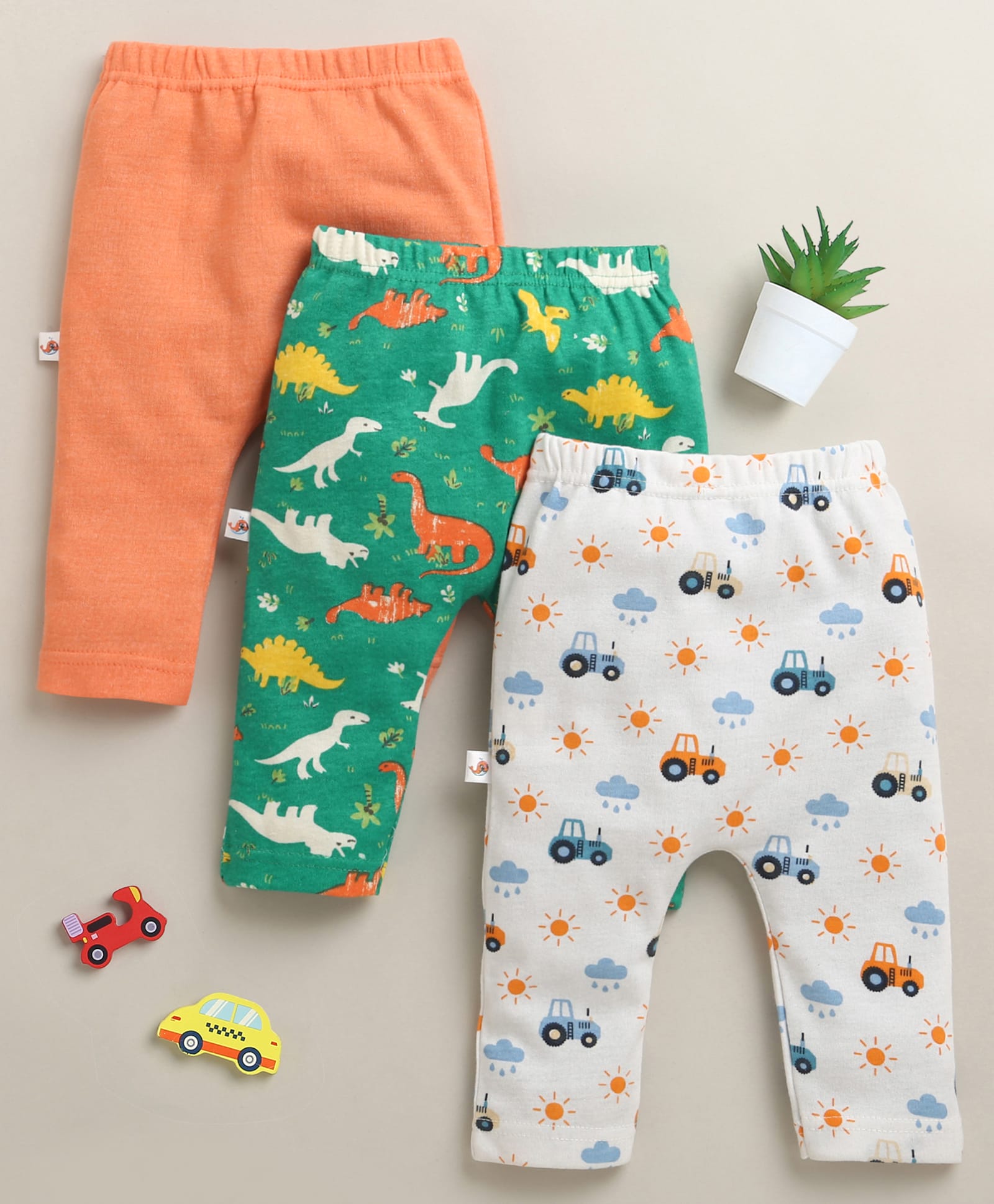 BUMZEE Cotton Knit Full Length Dino & Vehicles Printed Diaper Leggings Pack Of 3 - Green & Orange-image-17