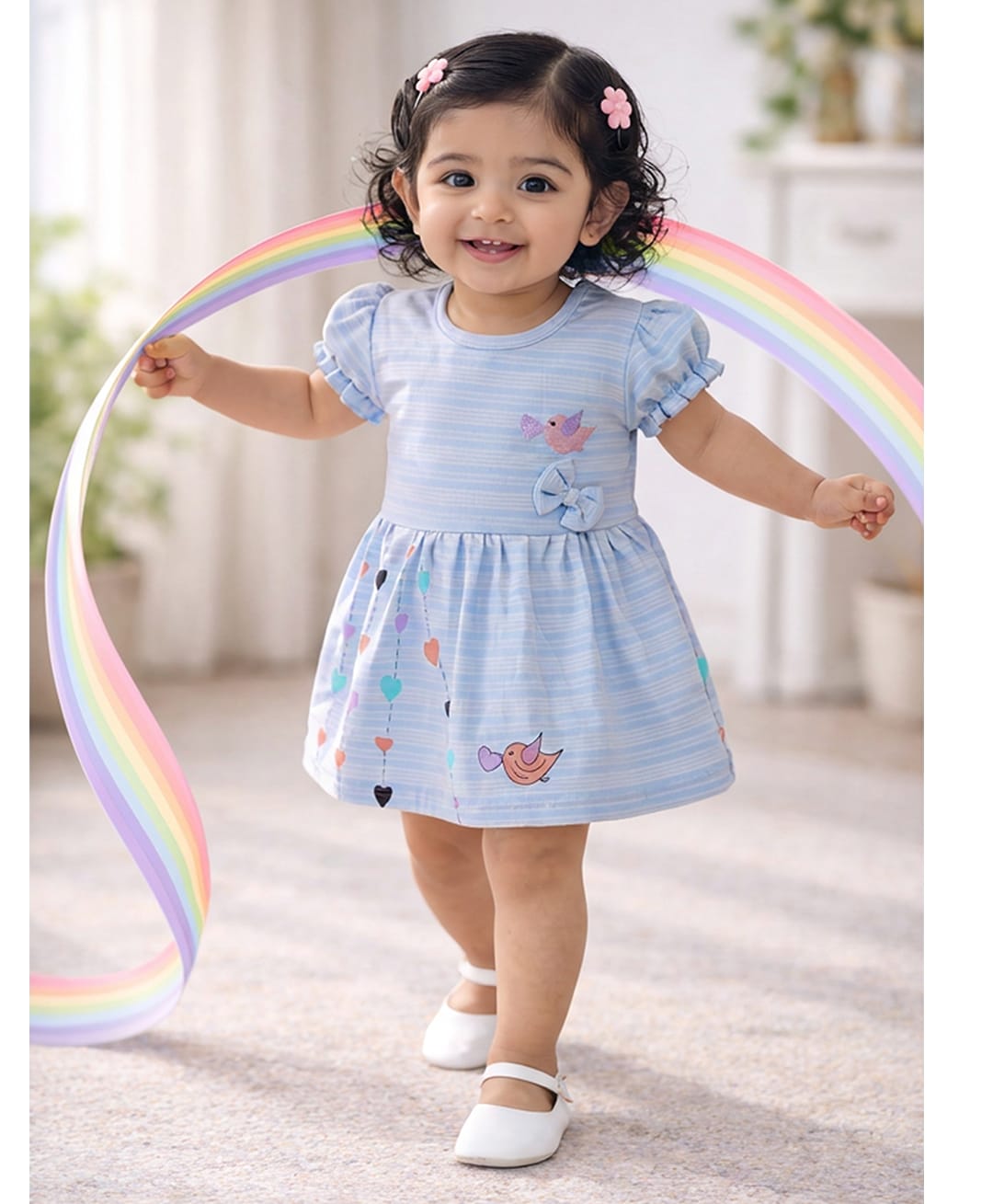 BUMZEE Cotton Knit One Piece Dresses/Frocks Half Sleeves Heart & Sparrow Print With Attached Bow Light/Sky Blue 18-24 Months-image-16