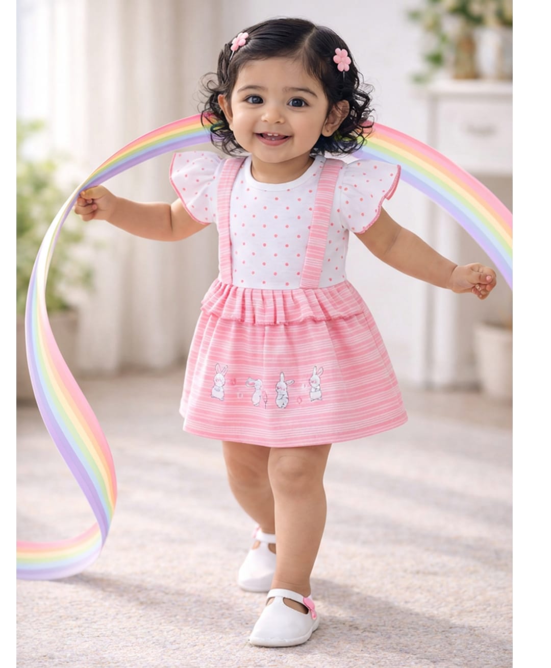 BUMZEE Cotton Knit One Piece Dresses/Frocks Half Sleeves Striped & Polka Dots Print Pink 6-12 Months-picture-44