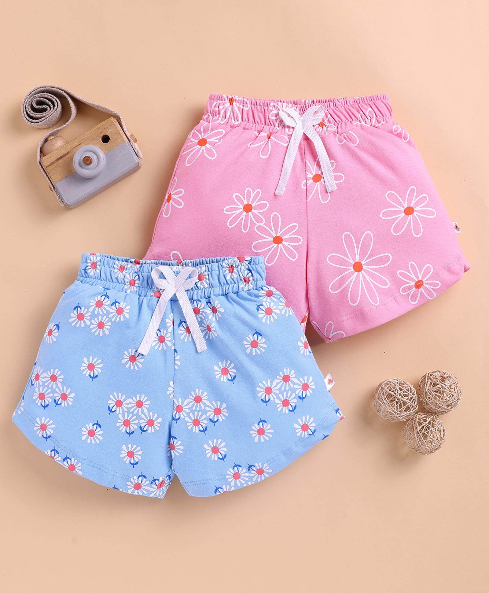 BUMZEE Cotton Knit Above Knee Length Floral Printed Shorts Pack Of 2 - Pink & Light Blue-picture-12