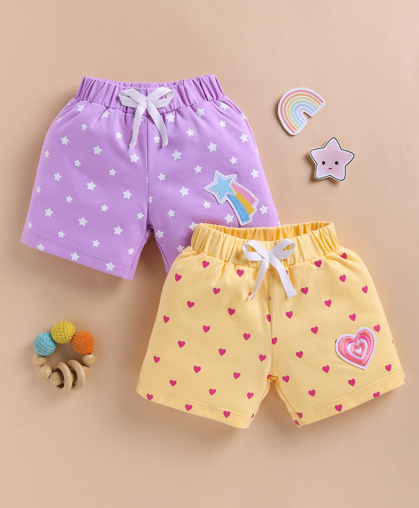 BUMZEE Cotton Knit Above Knee Length Heart & Star Printed Shorts With Patch Pack Of 2 - Yellow & Lavender-picture-23