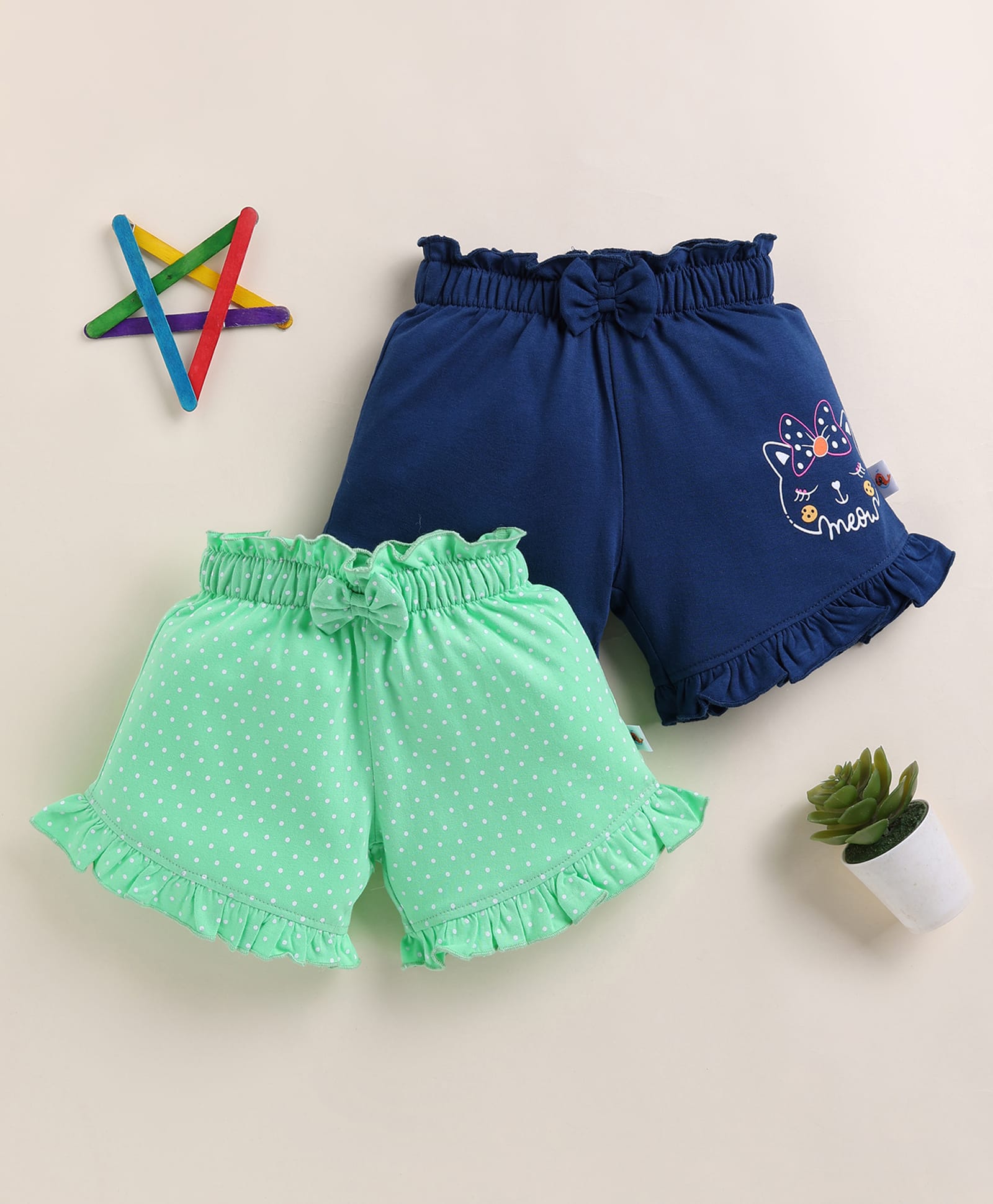 BUMZEE Cotton Knit Above Knee Length Polka Dots & Cat Face Printed Shorts With Bow Applique pack Of 2 - Light Green & Navy Blue-picture-33