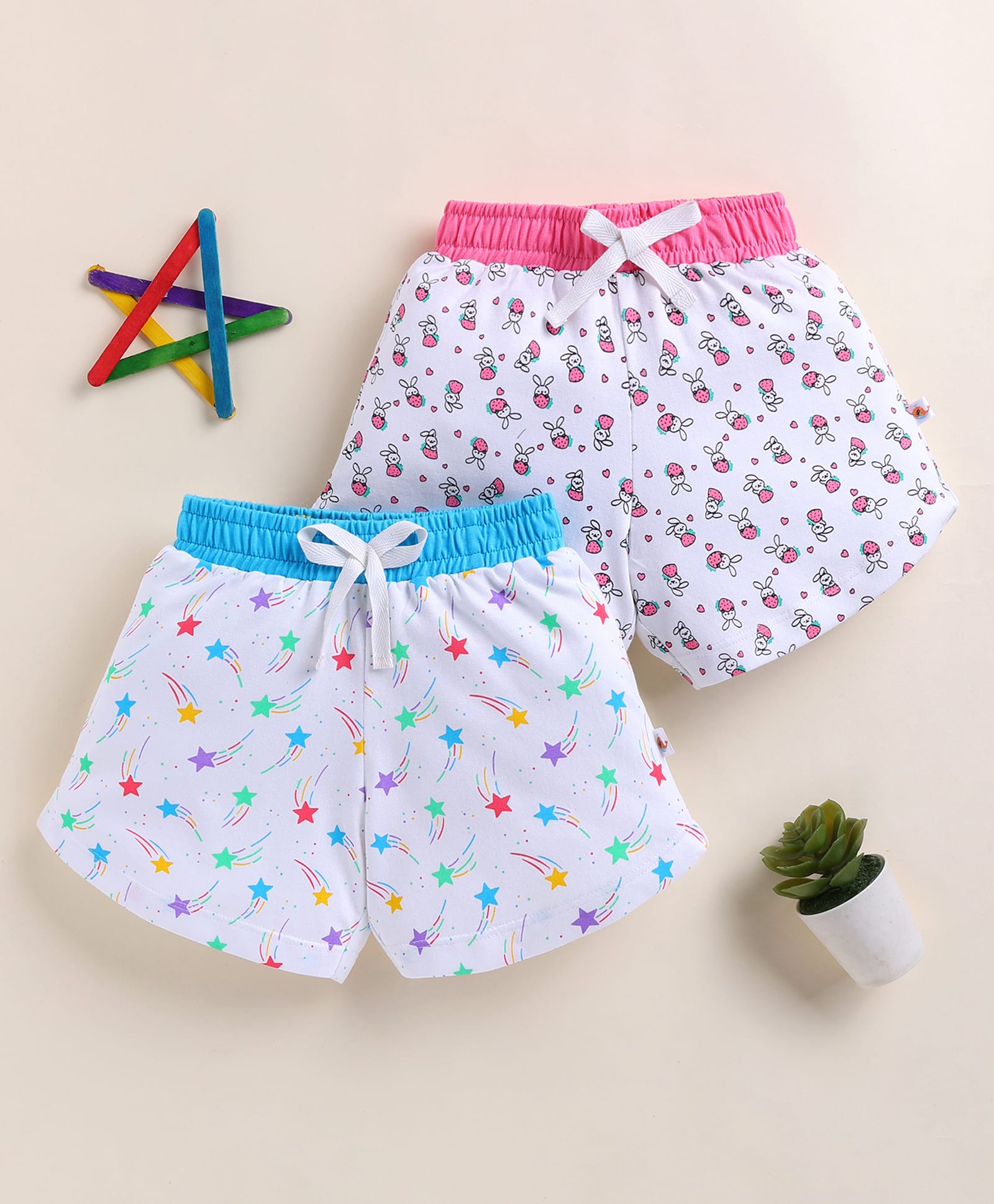BUMZEE Cotton Knit Above Knee Length Bunny & Star Printed Shorts Pack Of 2 - White-picture-20