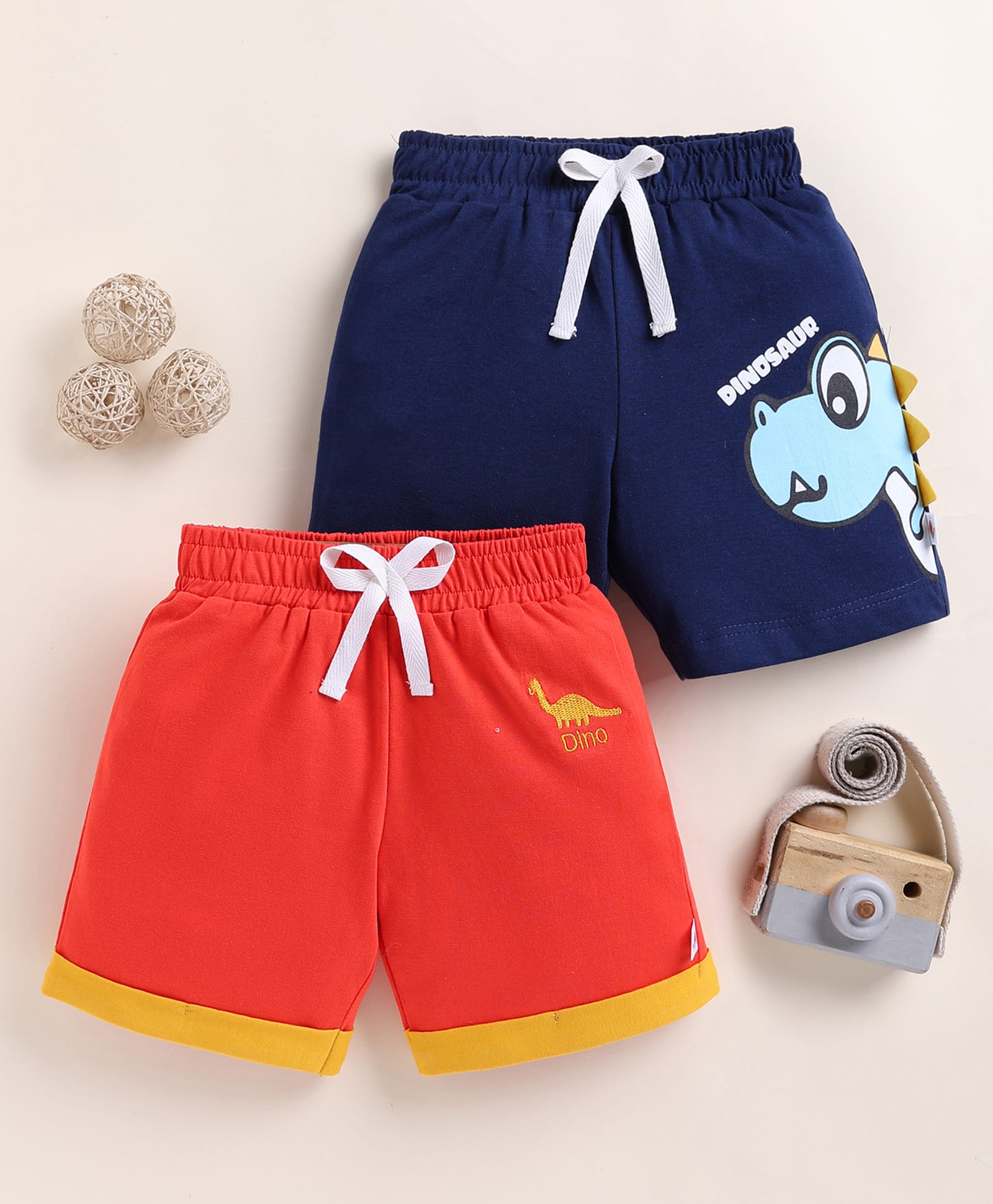 BUMZEE Cotton Knit Above Knee Length Dinosaur Printed & Embroidered Shorts Pack Of 2 - Red & Navy Blue-picture-37